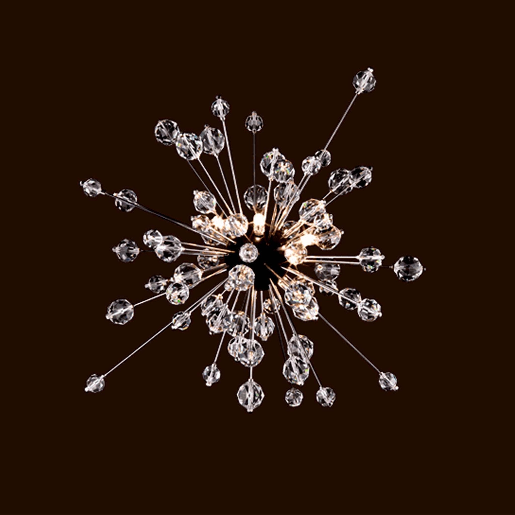 The Mini Sputnik from Lobmeyrs The Met Series features Swarovski crystal spheres on slender rods against a dark background. Reminiscent of Hans Harald Raths Starburst Chandeliers, it resembles an exploding star or fireworks with radiant lights among clear crystals.