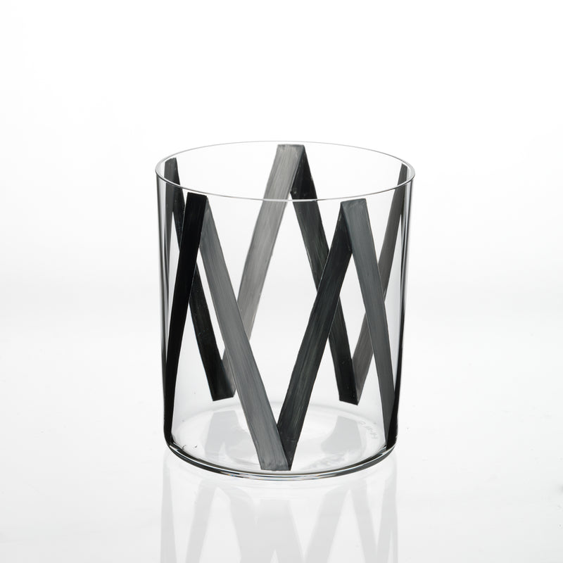 The Neo Light VIII Enamel Collection by Lobmeyr, designed by Martino Gamper, showcases a contemporary ornament charm with its clear glass adorned with a black zigzag geometric pattern on a pristine white backdrop, artfully blending aesthetics and functionality.