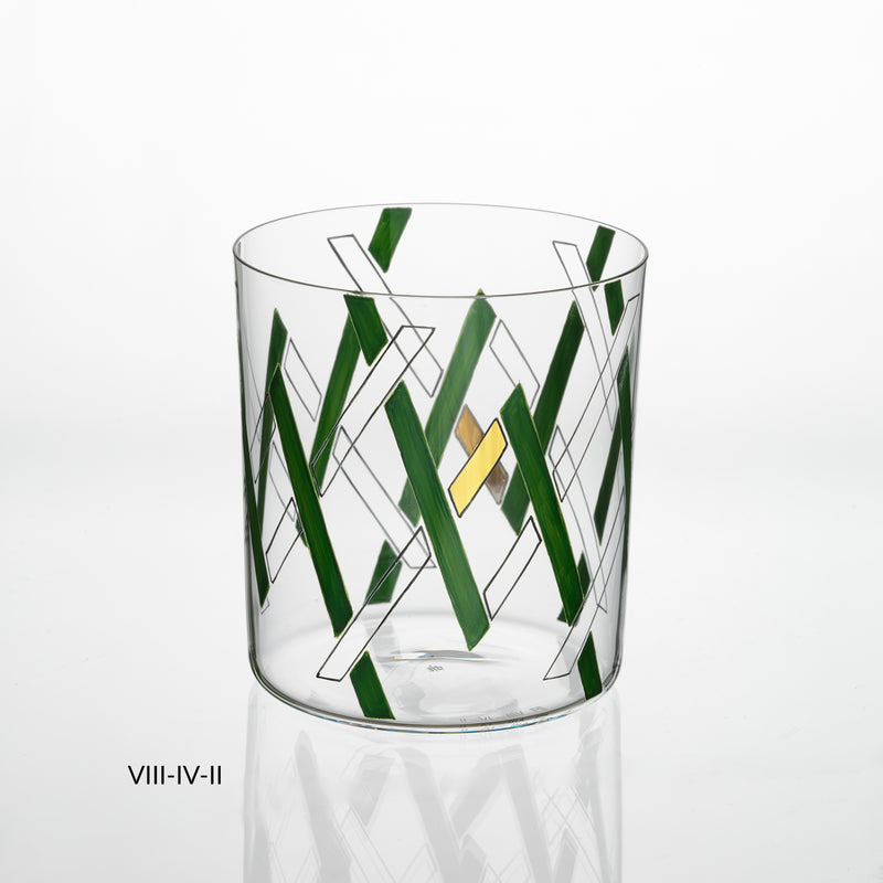 Part of the Neo Light VIII Enamel Collection by Lobmeyr, this contemporary ornament designed by Martino Gamper features clear glass with angular green and gold stripes. It showcases the numbers VIII-IV-II in small black text on the bottom left against a white background.