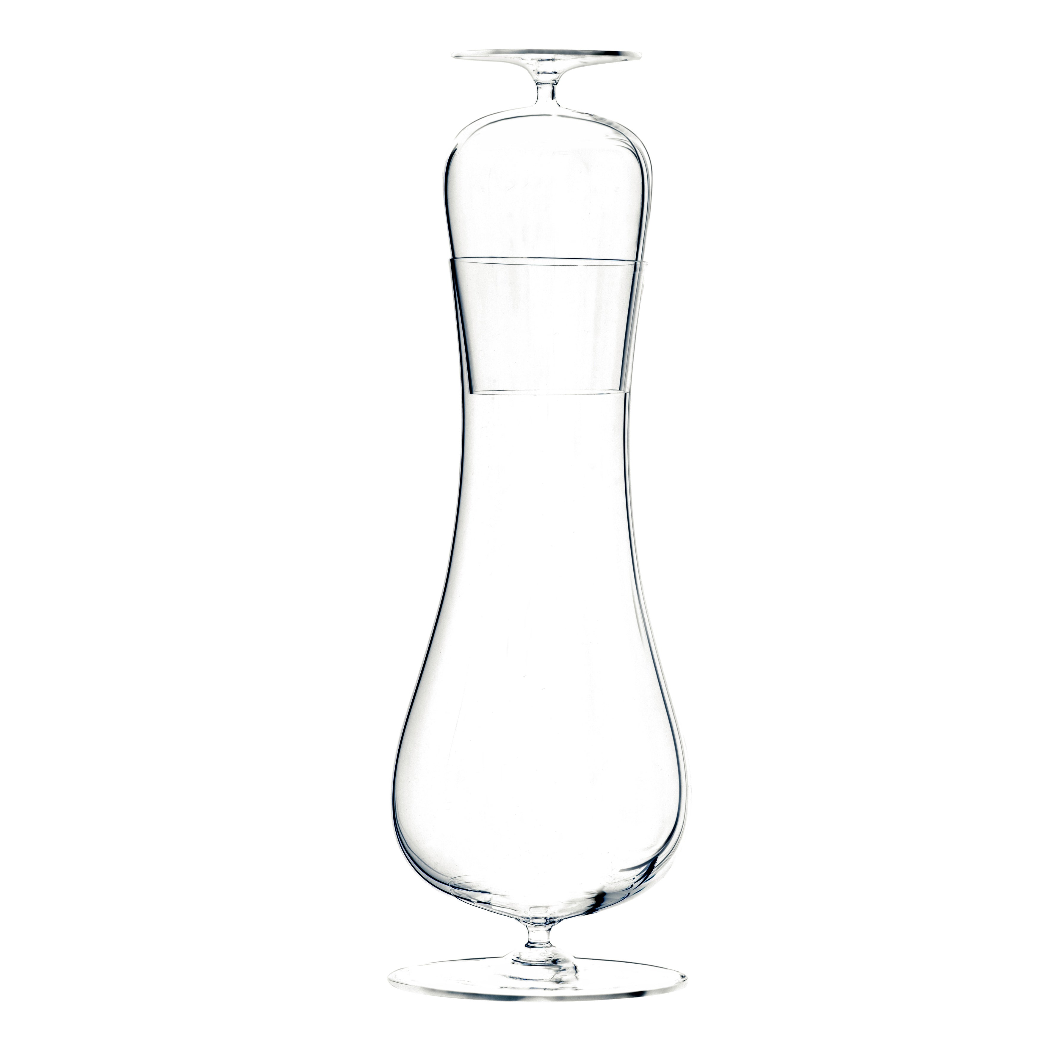 The Josephine by Lobmeyr is a stunning mouth-blown crystal carafe with a tall, clear design and inverted wine glass stopper. It features a slim neck, bulbous base, and comes with an elegant drinking glass that fits seamlessly together.