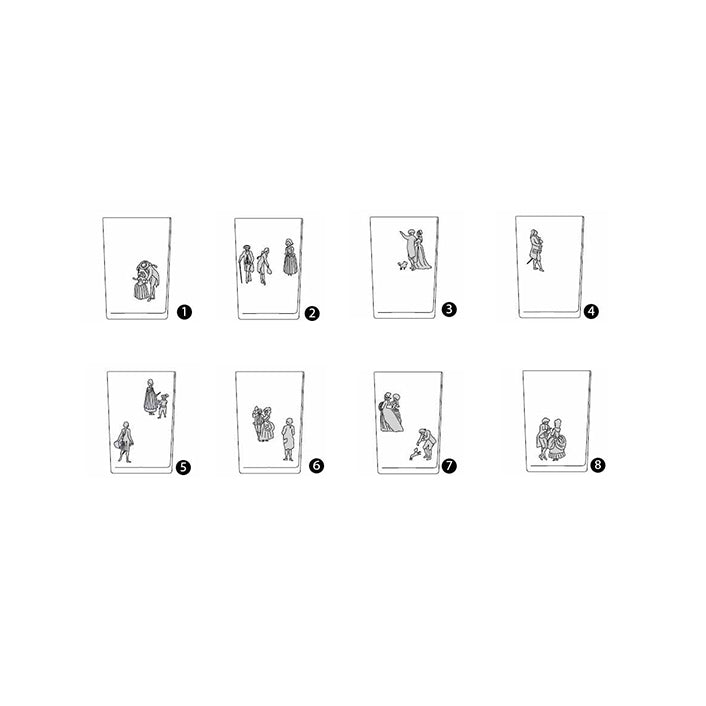 The Biedermeier Tumbler - Promenade by Lobmeyr is a set of eight hand-painted crystal glasses, each featuring unique illustrations of people interacting in scenes like hugging, walking, playing, and dancing. Numbered 1 to 8, these pieces capture diverse social moments with elegance reminiscent of Wiener Veduten.
