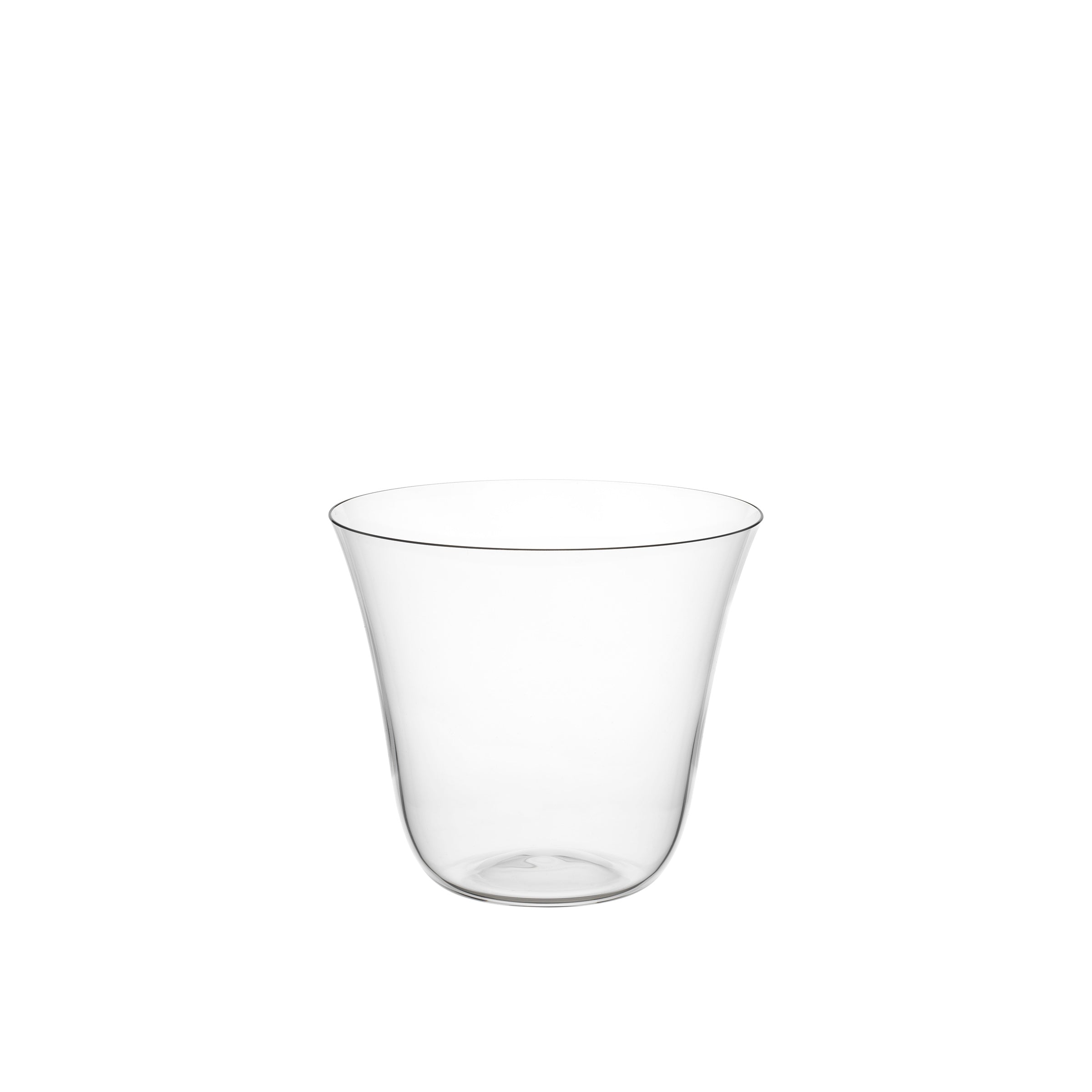 The Reigen Tumbler by Lobmeyr, with a design reminiscent of Aldo Bakker, features a wide rim and gently curved sides. It is elegantly showcased against a white background.