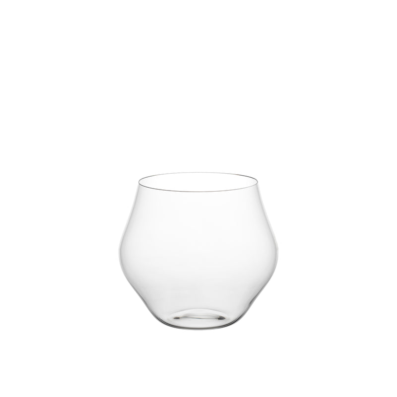 The Reigen Tumbler by Lobmeyr is a transparent, elegantly shaped glass with a wide base that gently tapers toward the rim. Set against a plain white background, it showcases sophisticated simplicity reminiscent of classic Lobmeyr designs.