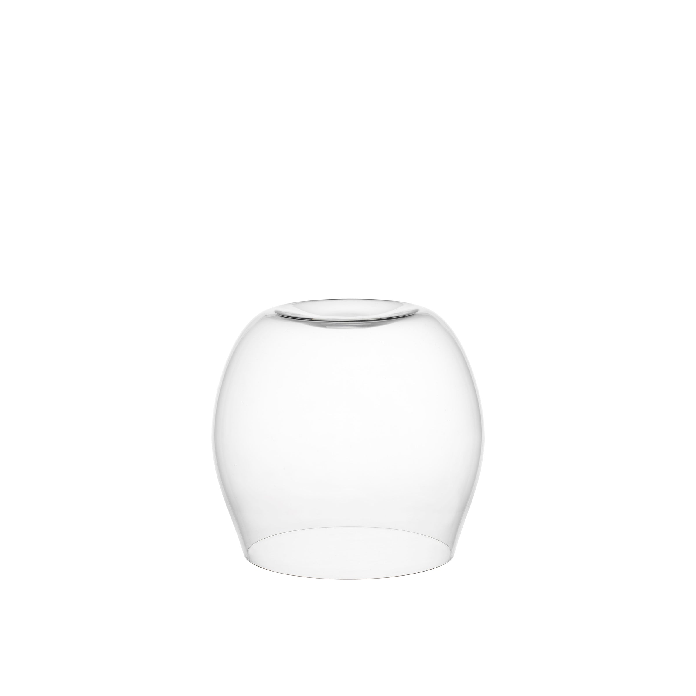 The Reigen Tumbler by Lobmeyr features a transparent, round glass design with a wide base tapering to a narrower opening, echoing Aldo Bakkers elegance against a plain white background, showcasing its simplicity and charm.