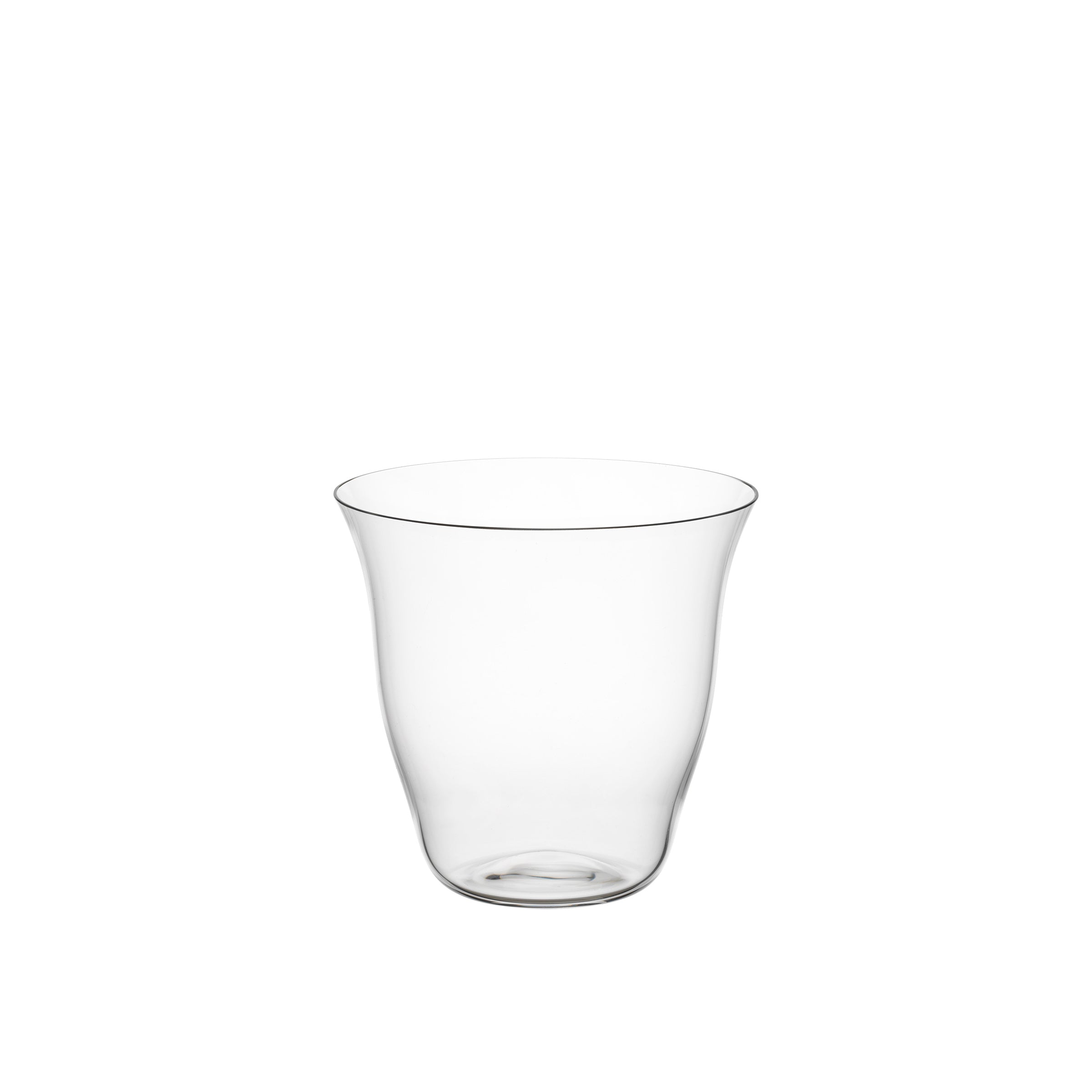 The Reigen Tumbler by Lobmeyr, a clear, transparent glass with a smooth, curving silhouette reminiscent of Aldo Bakker design, sits against a plain white background.