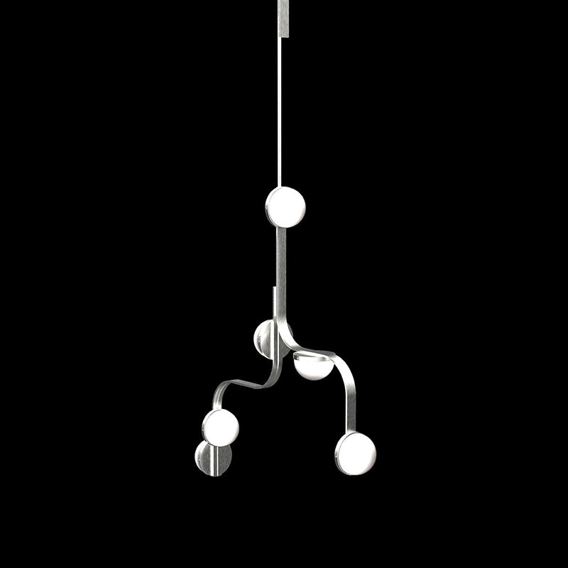 The Script Chandelier by Lobmeyr is a modern abstract piece with multiple curved metal arms reminiscent of Viennese Art Deco, ending in circular white LED lights. Bent brass bars enhance its sleek artistic design against a solid black backdrop.