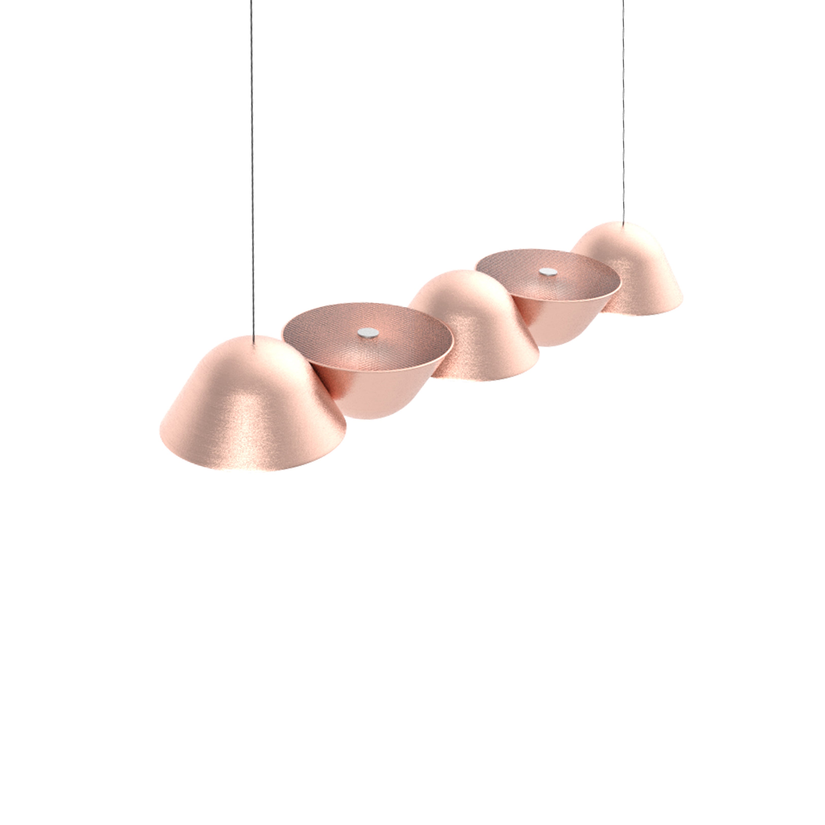 A set of four Lobmeyr The Knight L5 copper pendant lights, with their modern bell-shaped design and textured metallic finish, hang in a sleek chandelier formation. Their varied angles create a dynamic visual effect against a white background, perfect for a smart home setting.