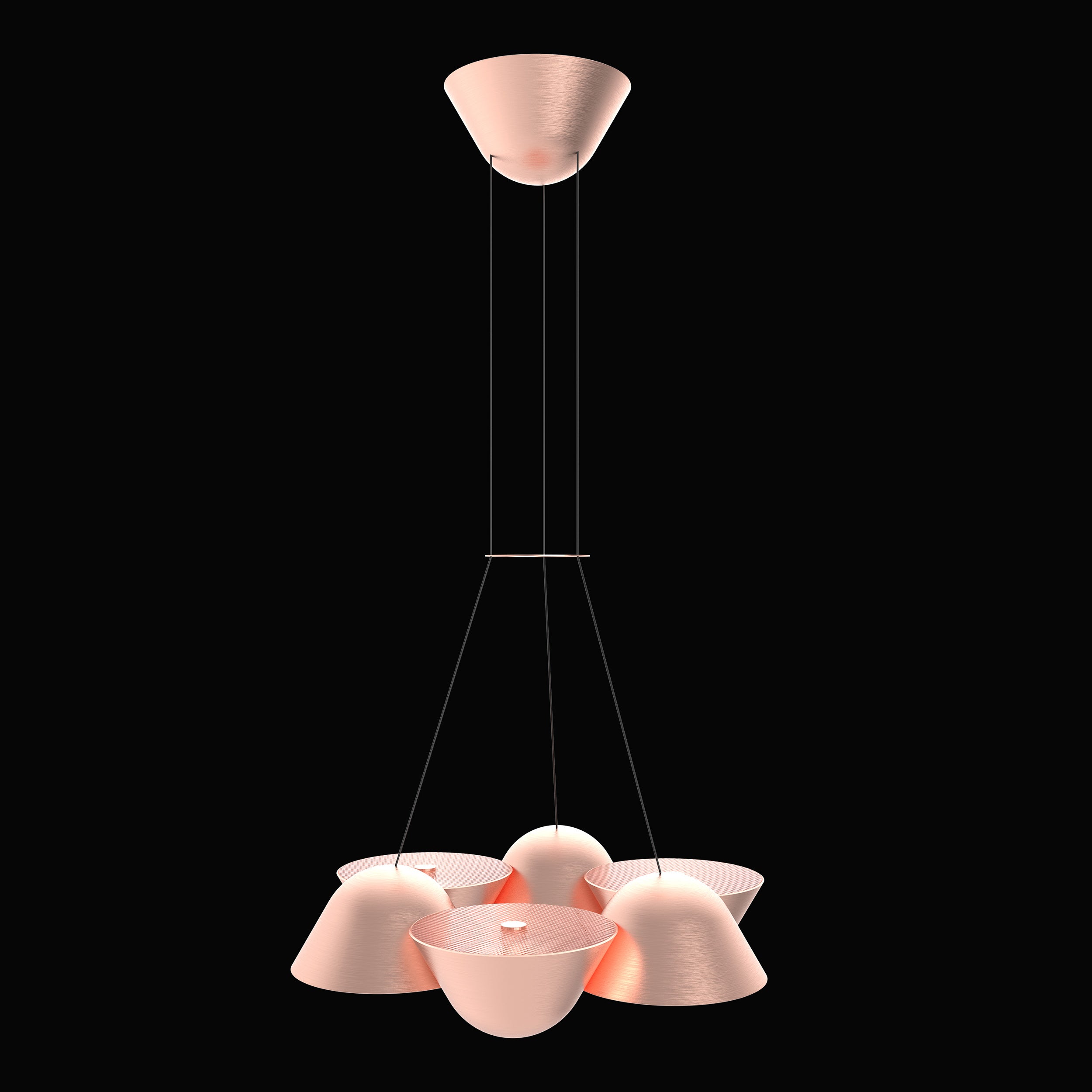 The Knight 6 by Lobmeyr is a modern smart chandelier with five cone-shaped, downward-facing metallic shades in a shimmering copper finish on black. It features energy-efficient LED technology for brilliant illumination.