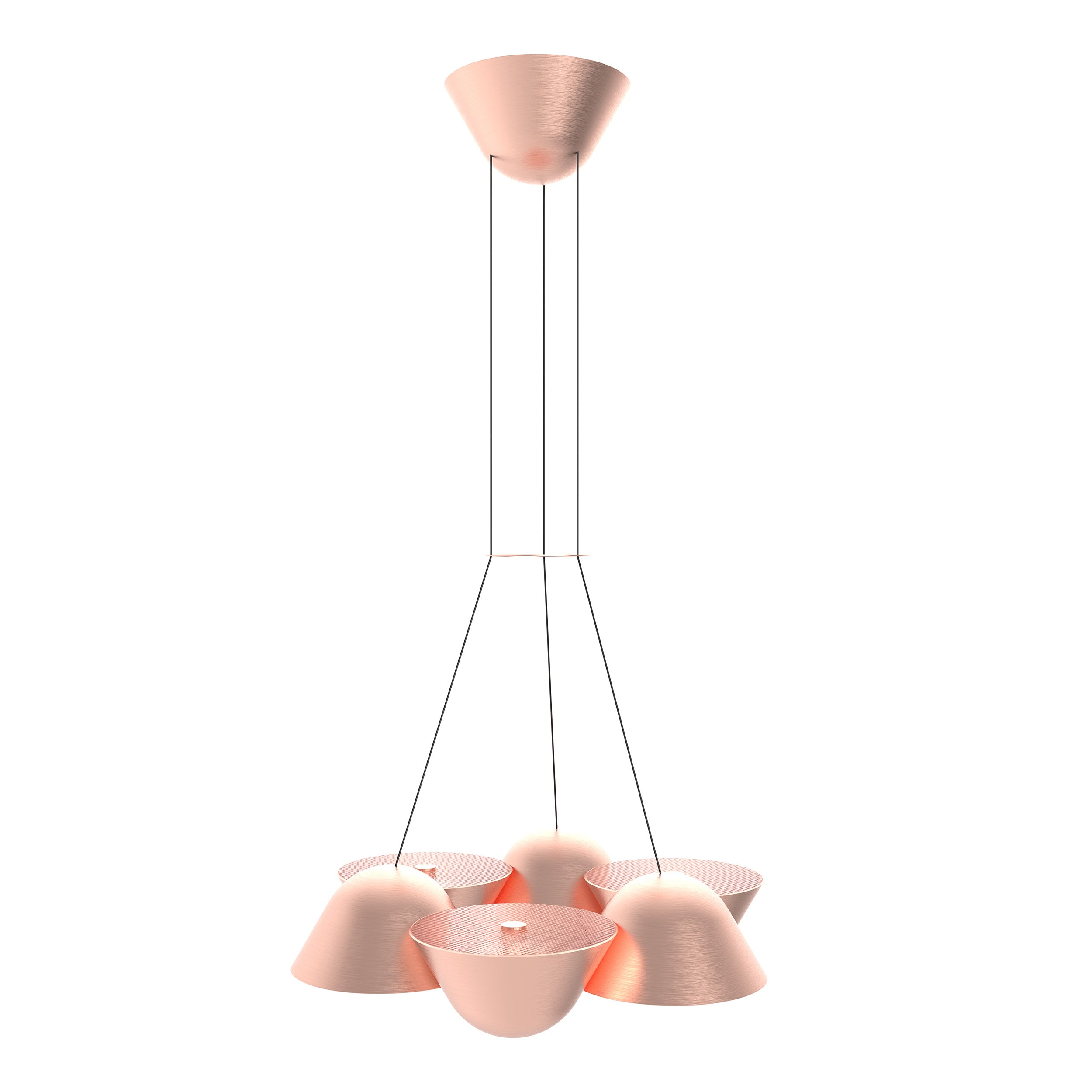 The Knight 6 by Lobmeyr is a modern pendant light with six copper-colored dome-shaped lampshades suspended by black wires from a matching ceiling mount, featuring LED technology for an energy-efficient and contemporary design.