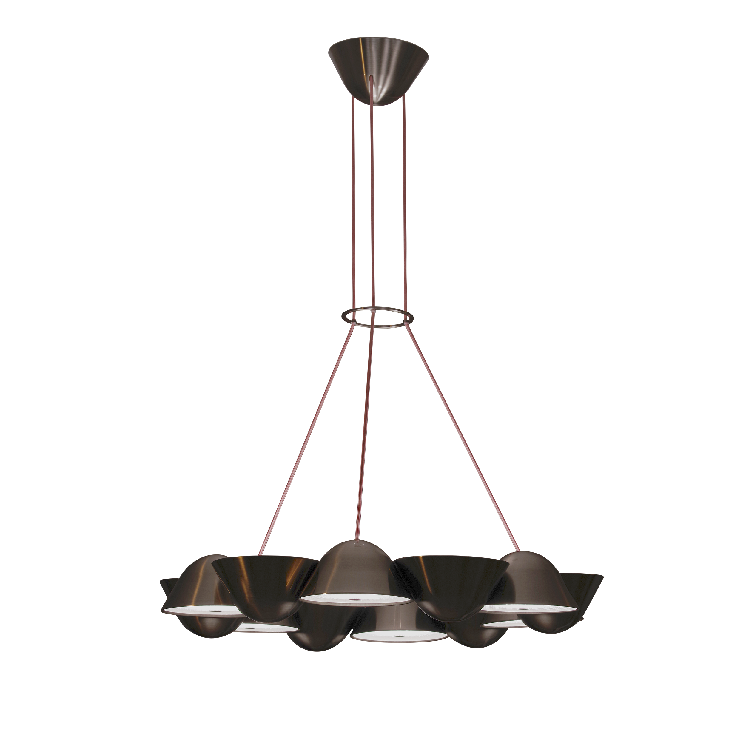 The Knight 12 by Lobmeyr features a central metal fixture suspending multiple flower-shaped metal shades connected by thin red wires. This chandelier blends smart technology with timeless artistry, creating an elegant, contemporary design against a black background.