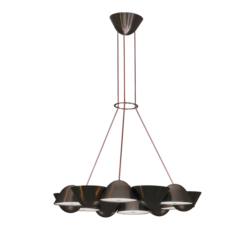 The Knight 12 by Lobmeyr features a central metal fixture suspending multiple flower-shaped metal shades connected by thin red wires. This chandelier blends smart technology with timeless artistry, creating an elegant, contemporary design against a black background.