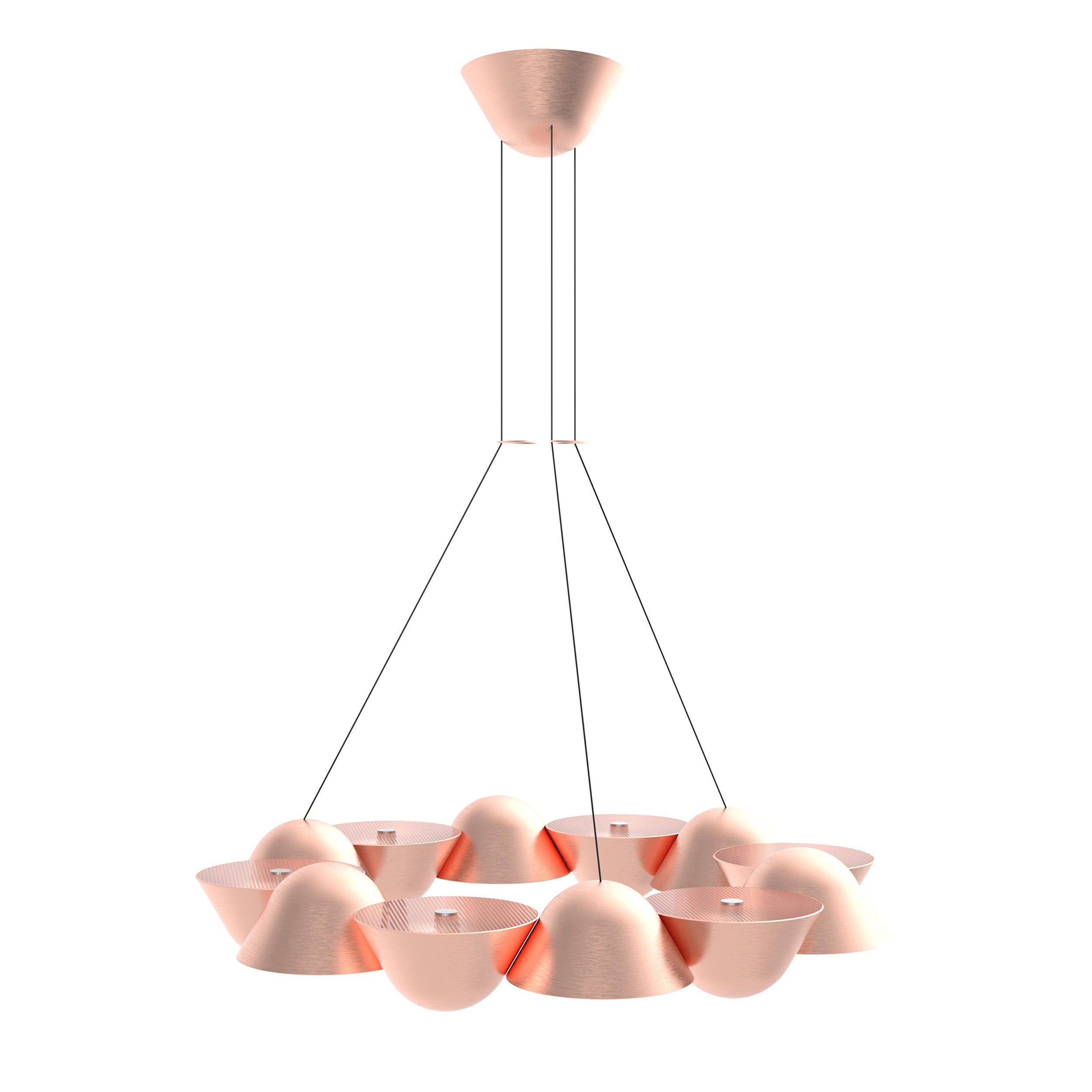 The Knight 12 by Lobmeyr is a modern chandelier with a cluster of twelve copper-colored, conical shades suspended by thin wires in a circle. This elegant modular lighting fixture adds sophistication and brightness to any space.