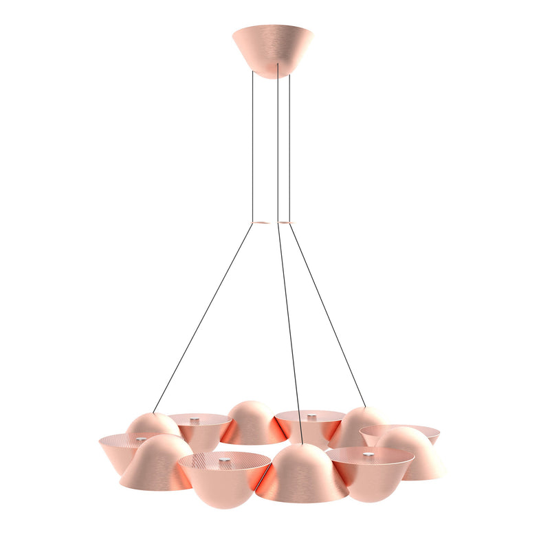 The Knight 12 by Lobmeyr is a modern chandelier with a cluster of twelve copper-colored, conical shades suspended by thin wires in a circle. This elegant modular lighting fixture adds sophistication and brightness to any space.