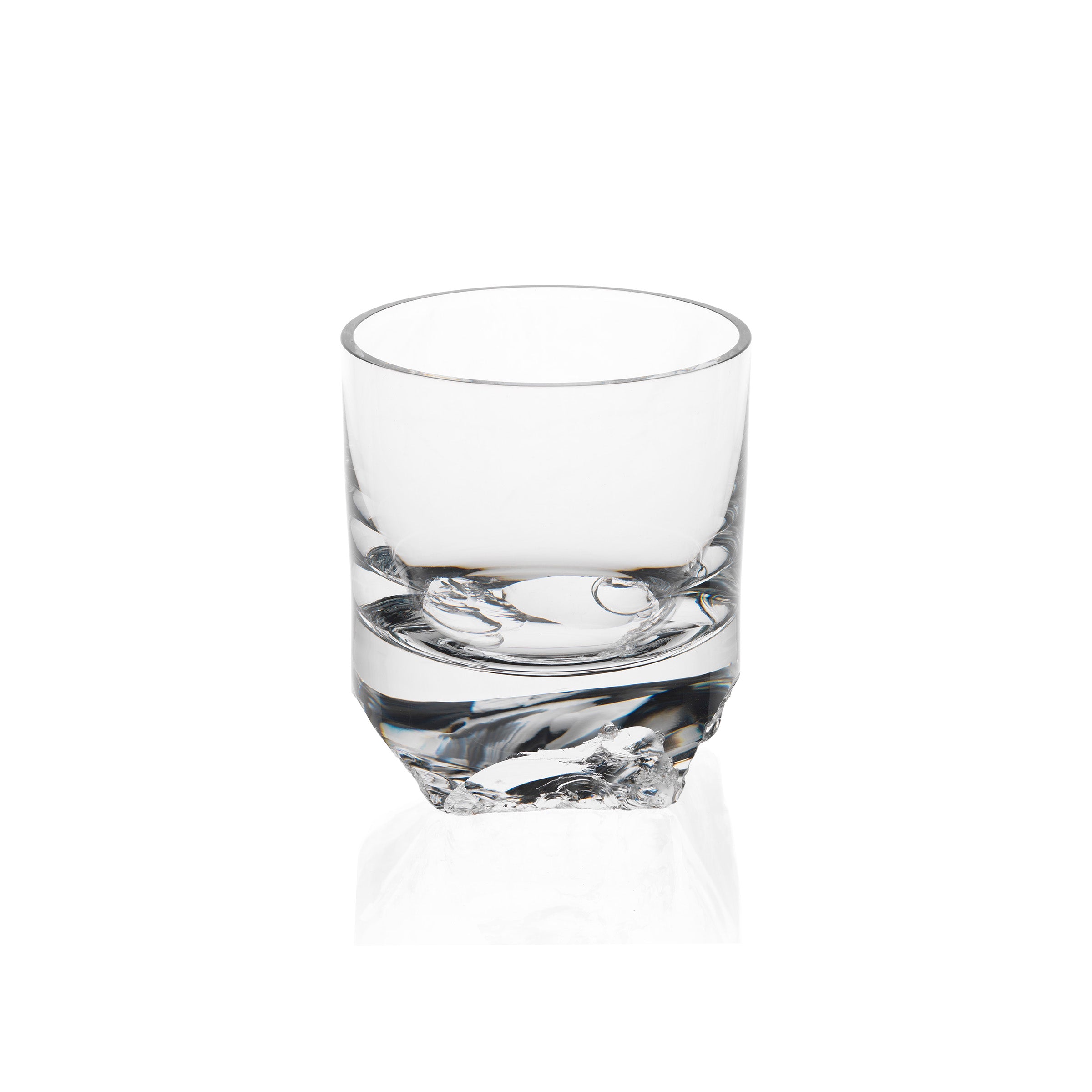 The Bar Series - Flint tumbler by Lobmeyr is made of clear glass with a thick base and polished finish, displayed on a reflective white surface.