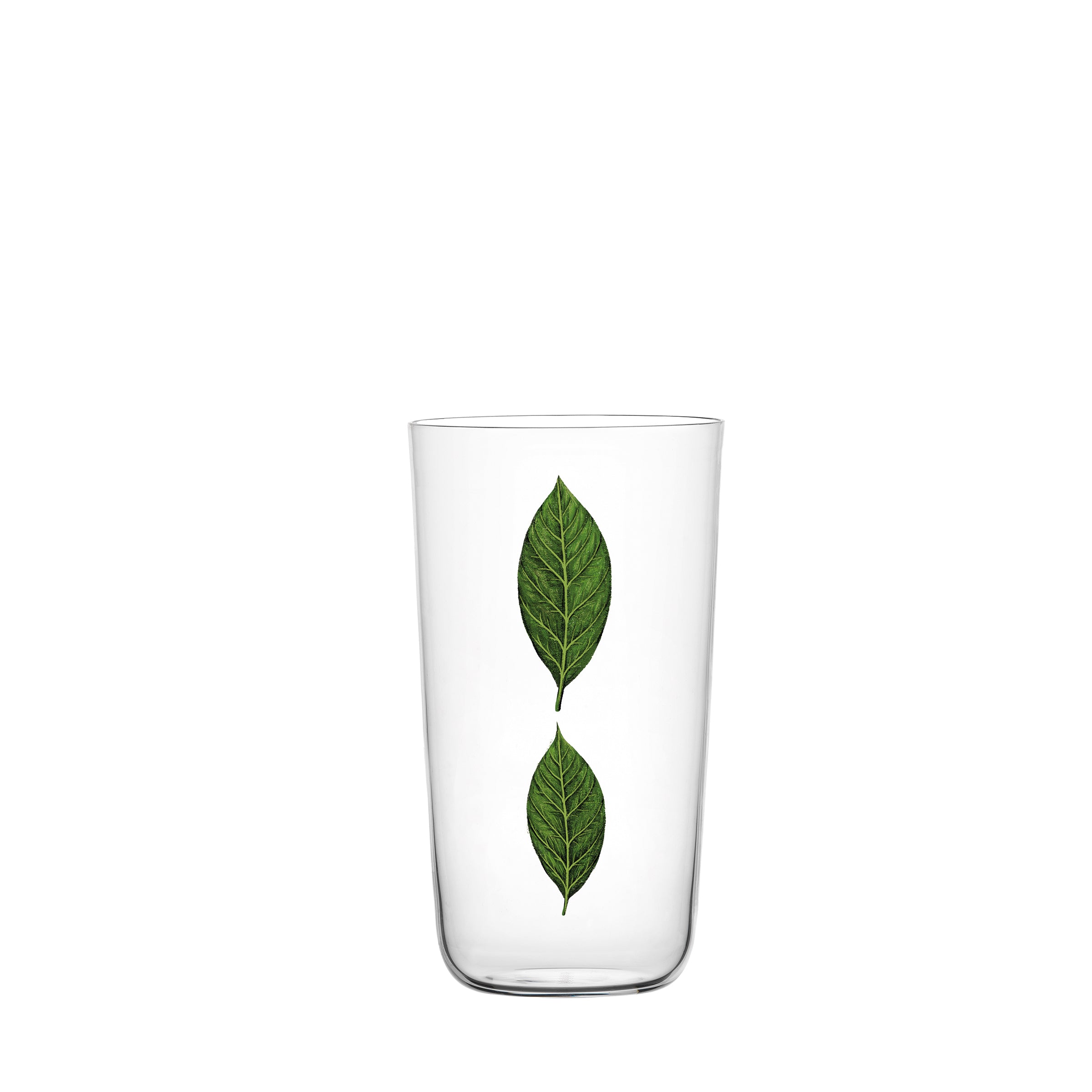 The Drinking Set No. 4 - Beautiful Numbers by Lobmeyr features a clear glass with two vertical green leaves on a white background, making it an ideal beer tumbler for any occasion.
