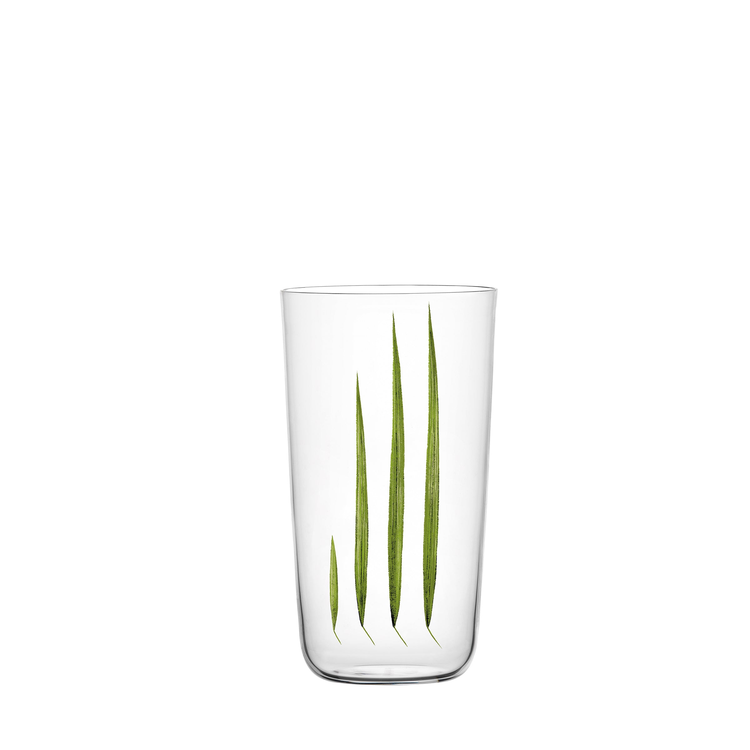 The clear glass beer tumbler from Lobmeyrs Drinking Set No. 4 - Beautiful Numbers features five vertical green leaf-like streaks, centered against a white background, elegantly merging glassware artistry with nature-inspired design.
