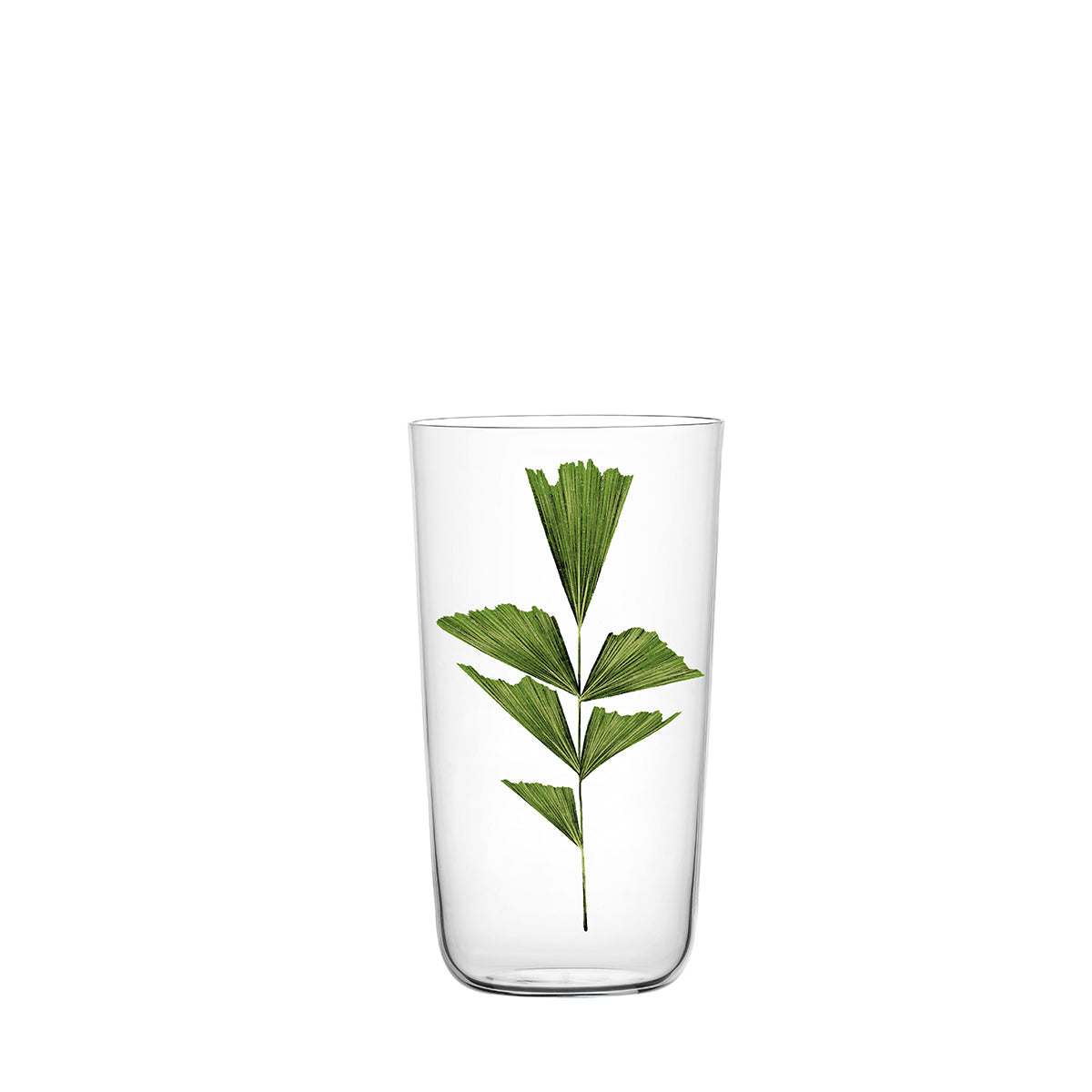 The Lobmeyr Drinking Set No. 4 - Beautiful Numbers is a glass tumbler featuring a green leaf design with elongated, triangular segments like branches, perfect for unique data visualizations or as a beer tumbler.