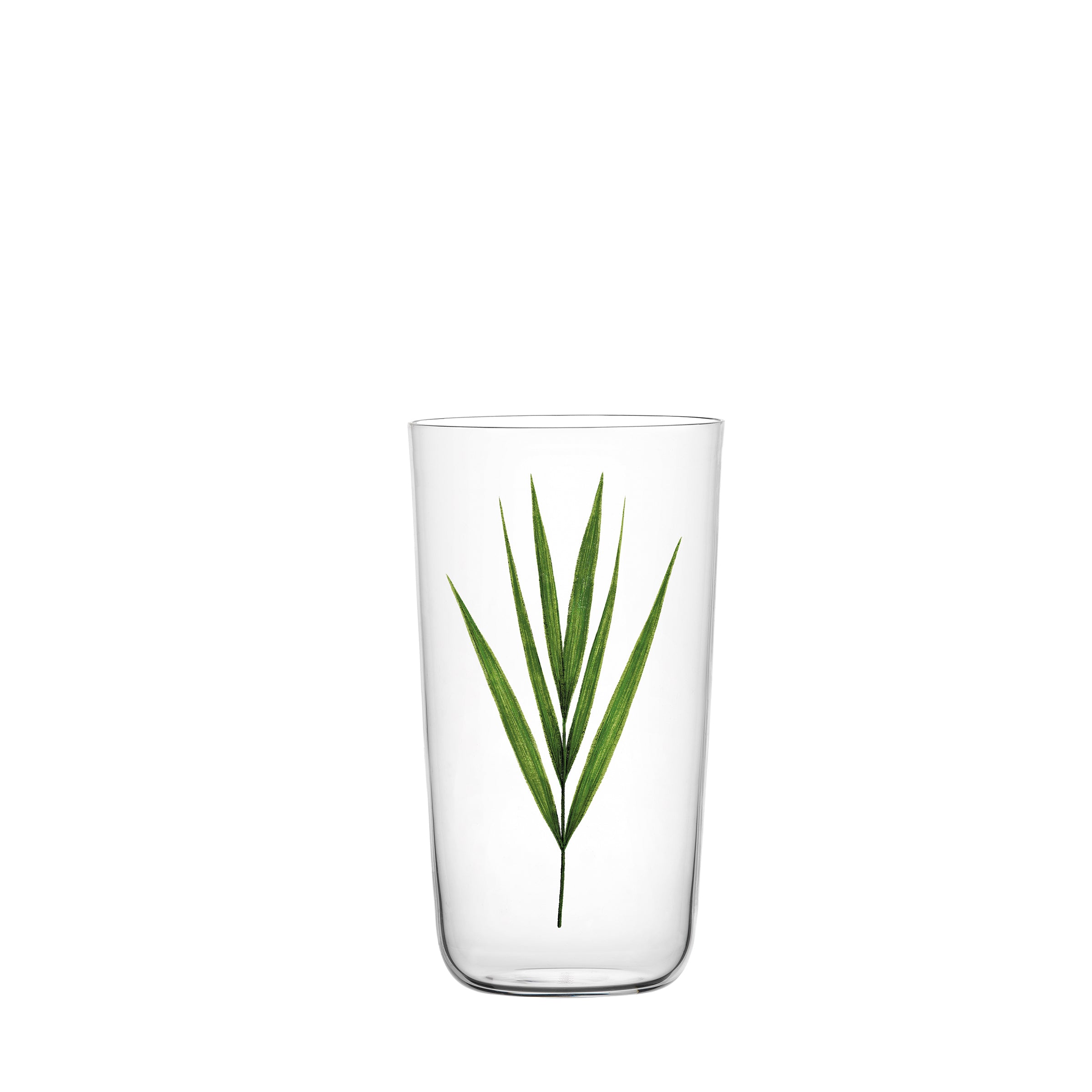 A sleek tumbler from Lobmeyrs Drinking Set No. 4 - Beautiful Numbers features a stylish green leaf design against a plain white background.