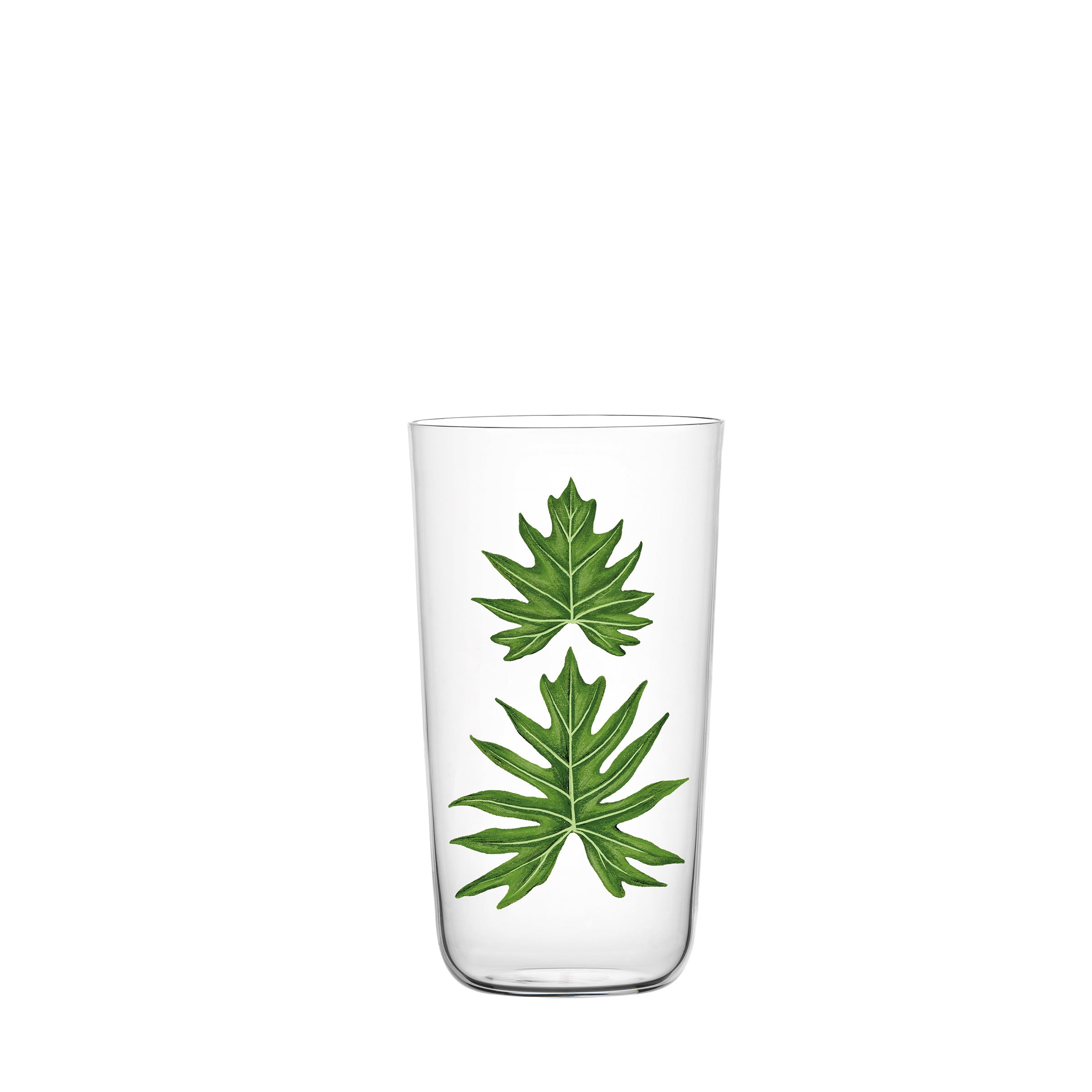 The Lobmeyr Drinking Set No. 4 - Beautiful Numbers features a clear beer tumbler with two tropical leaf illustrations and is elegantly displayed on a plain white background. This stylish glass complements any collection of tumblers or drinking glasses.