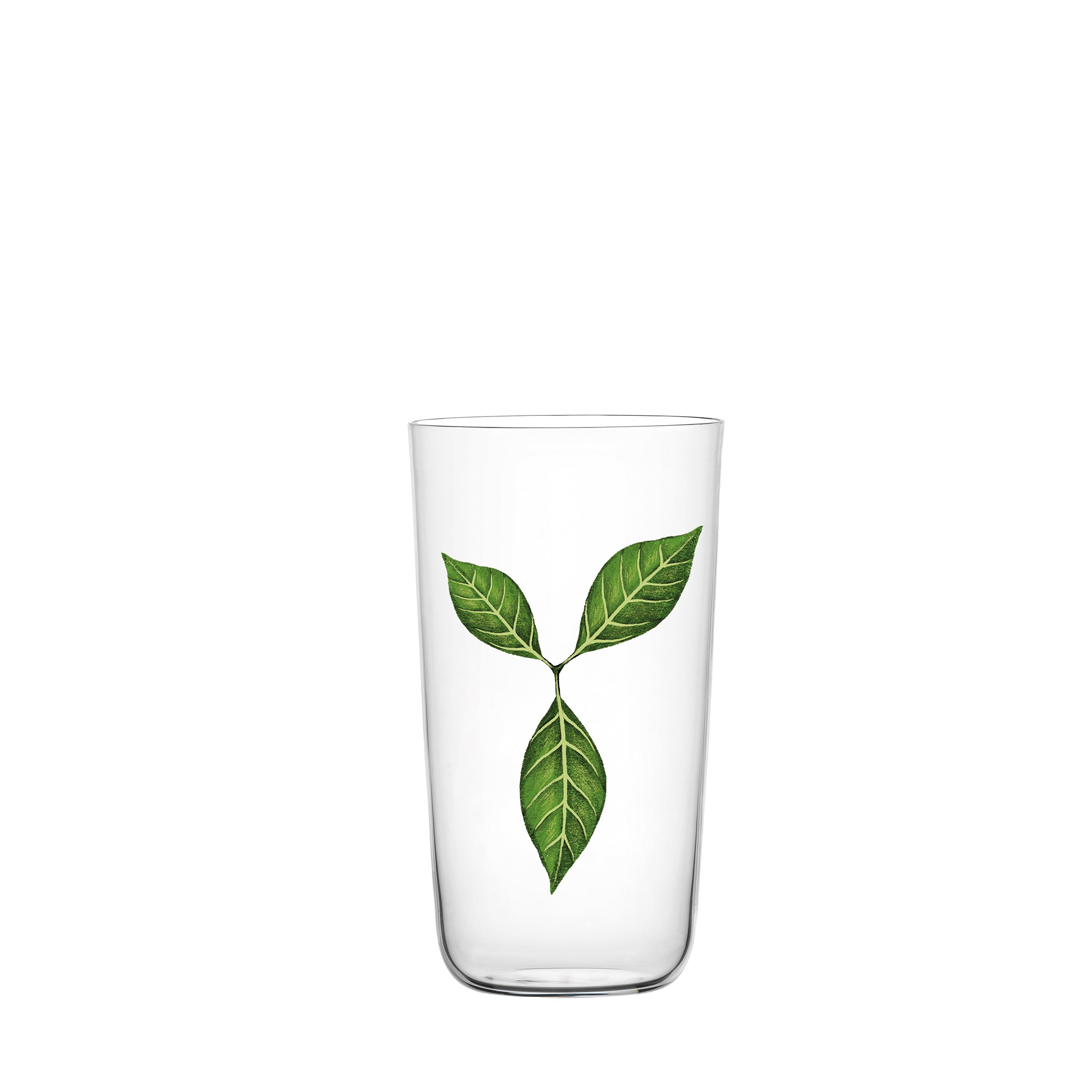 Lobmeyrs Drinking Set No. 4 - Beautiful Numbers features a clear beer tumbler with a minimalist design showcasing three green leaves in a symmetrical pattern on a white background.