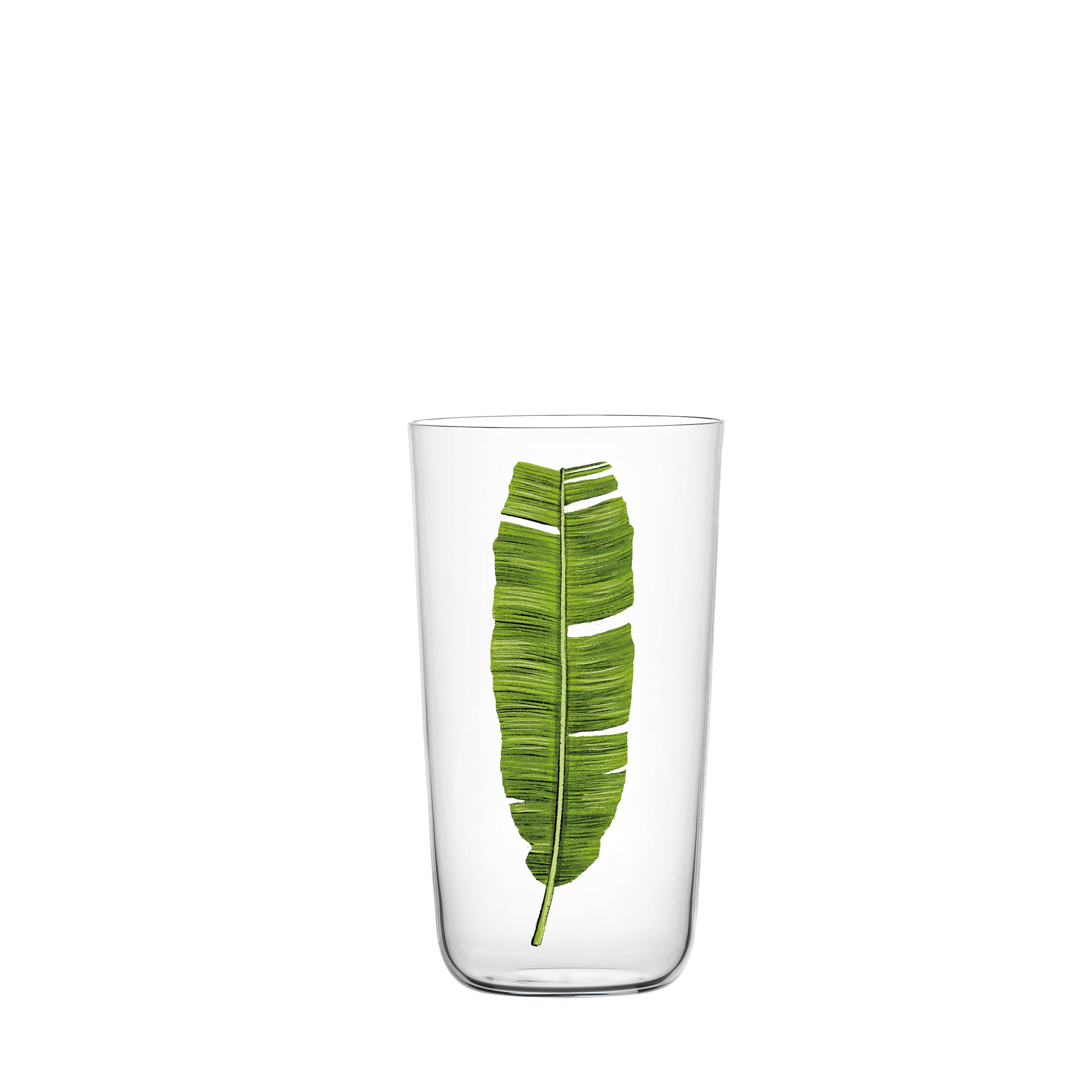 The Lobmeyr Drinking Set No. 4 - Beautiful Numbers includes a clear glass resembling a beer tumbler, adorned with a green tropical leaf design on a white backdrop.