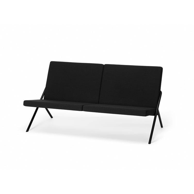 The Loehr DL2 Euclides Two-Seater is a sleek and modern minimalist black sofa, featuring two cushions and angled metal legs against a white background, blending elegant seating with simple lines and a functional design.