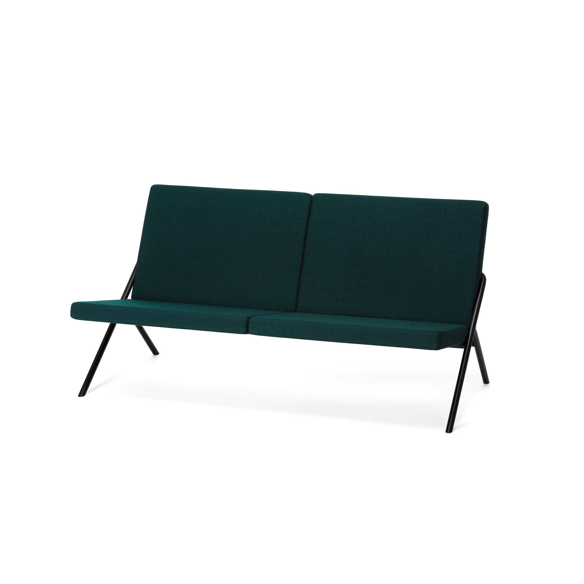 The DL2 Euclides Two-Seater by Loehr is a modern, minimalist green loveseat with sleek design, featuring luxurious seating on thin black metal legs and armless rectangular cushions. It offers a clean contemporary appearance set against a plain white background.