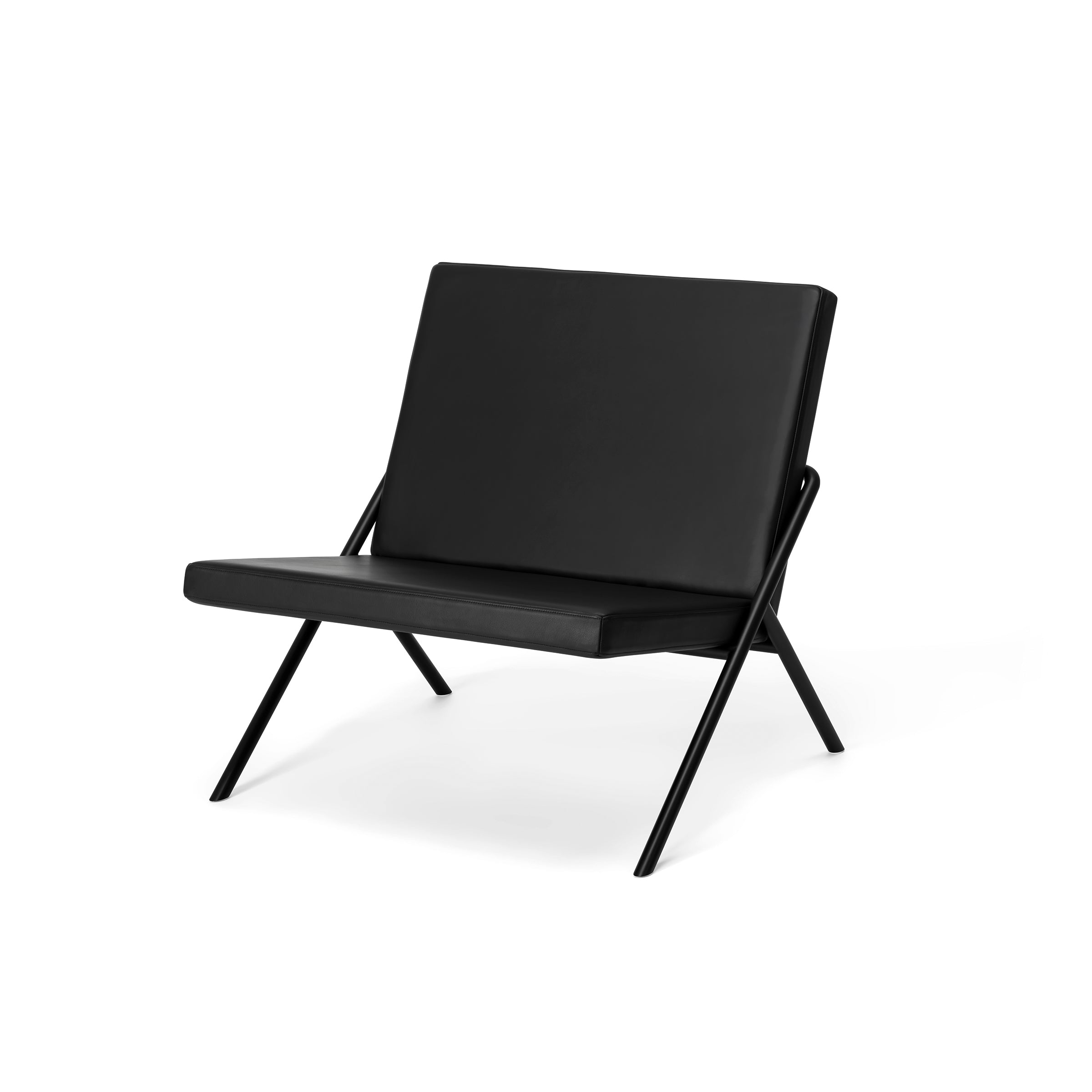 The DL2 Euclides Lounge Chair by Loehr is a modern black folding chair with a minimalist design, featuring padded seating, a backrest, and sleek black metal legs for comfort. It is set against a plain white background.