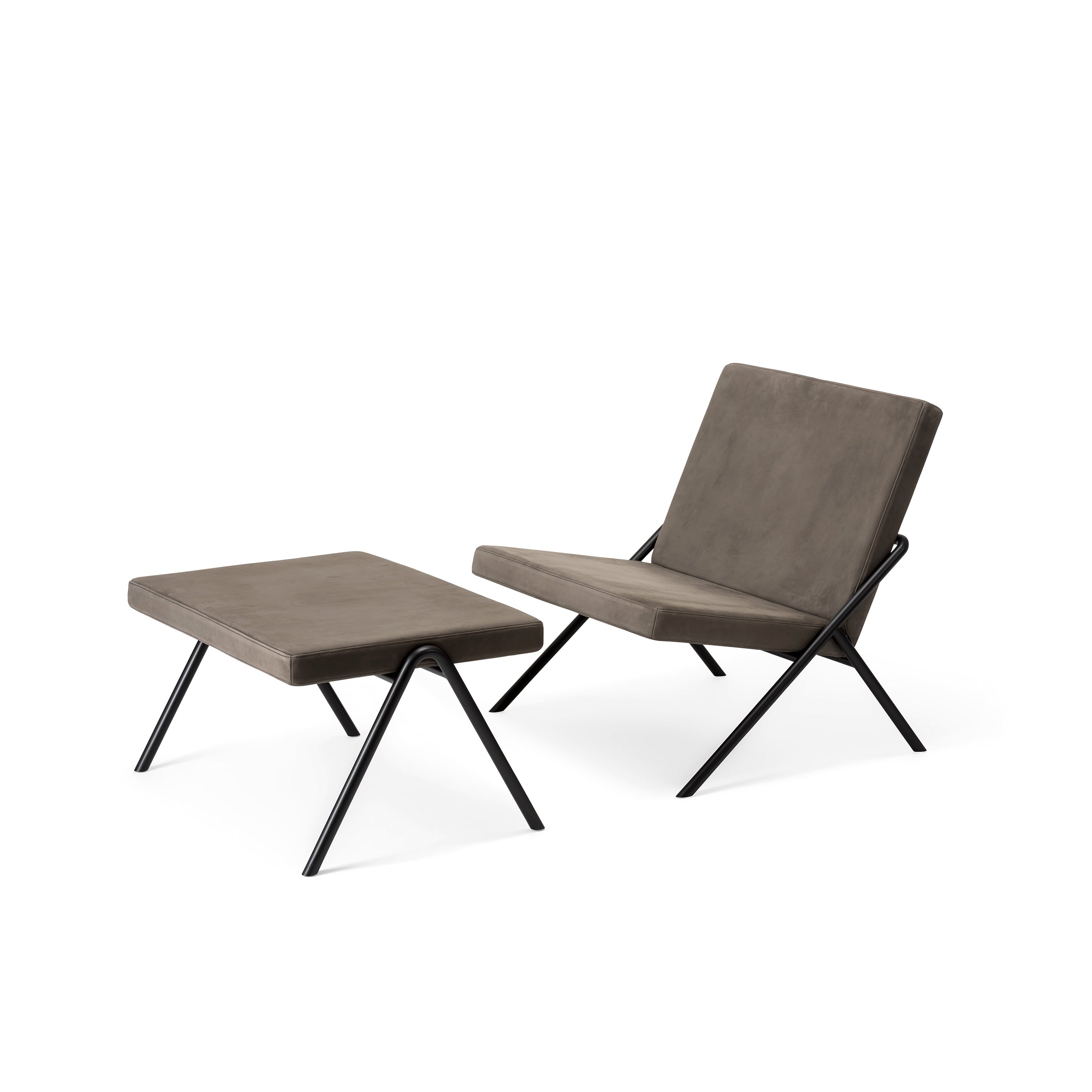 The DL2 Euclides Lounge Chair by Loehr features sleek black metal legs and brown cushioned seats, with a minimalist design and geometric angles that offer a contemporary look against a clean white background.