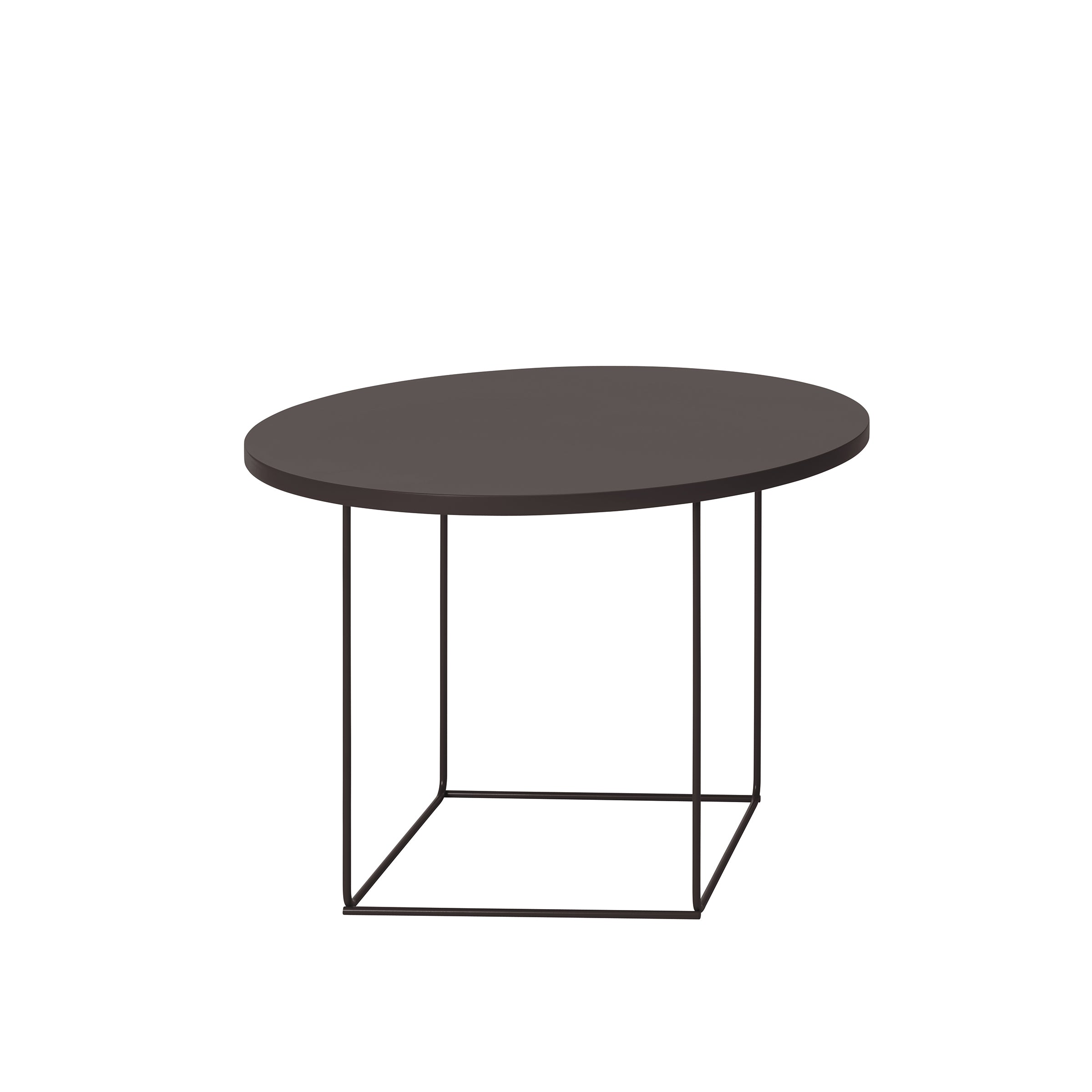 The DL3 Umbra Table Round by Loehr is a minimalist coffee table with a dark tabletop and thin metal legs in a TANGRAM frame base, offering a modern and sleek design ideal for contemporary interiors.