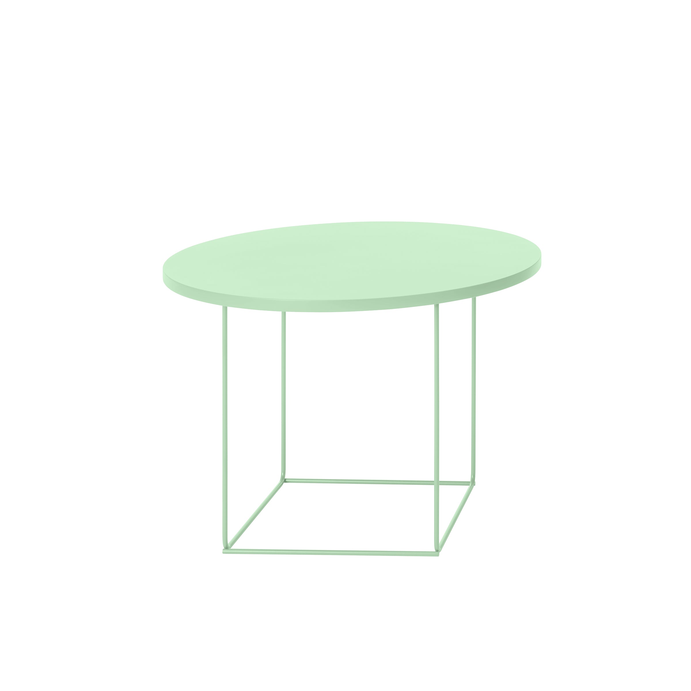 The DL3 Umbra Table Round by Loehr is a pastel green, oval coffee table with a minimalist frame and flat top, exuding simplicity and modernity, set against a white background.