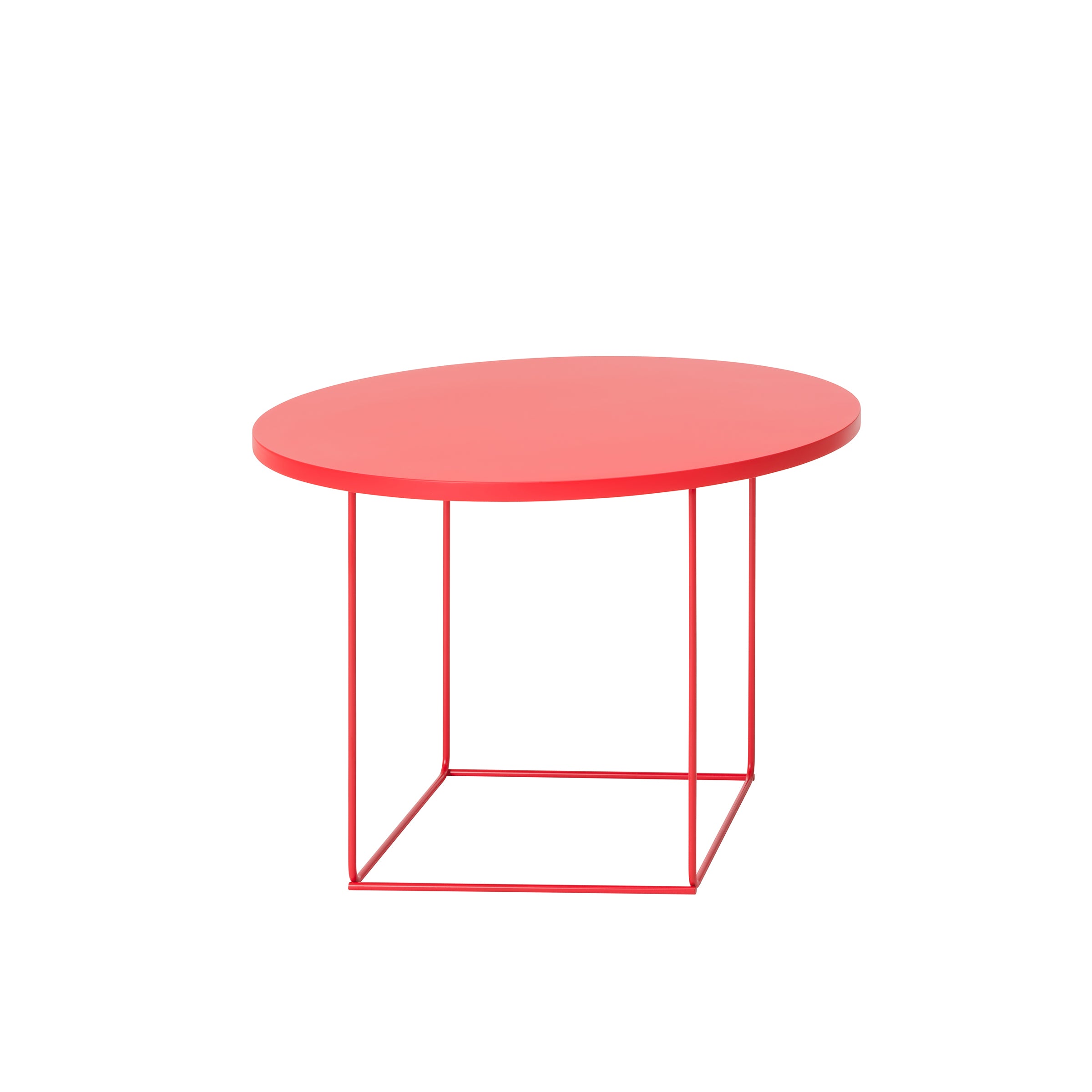 The DL3 Umbra Table Round by Loehr features a modern design with a sleek red top and TANGRAM-style minimalist metal legs, emphasizing simplicity and boldness.