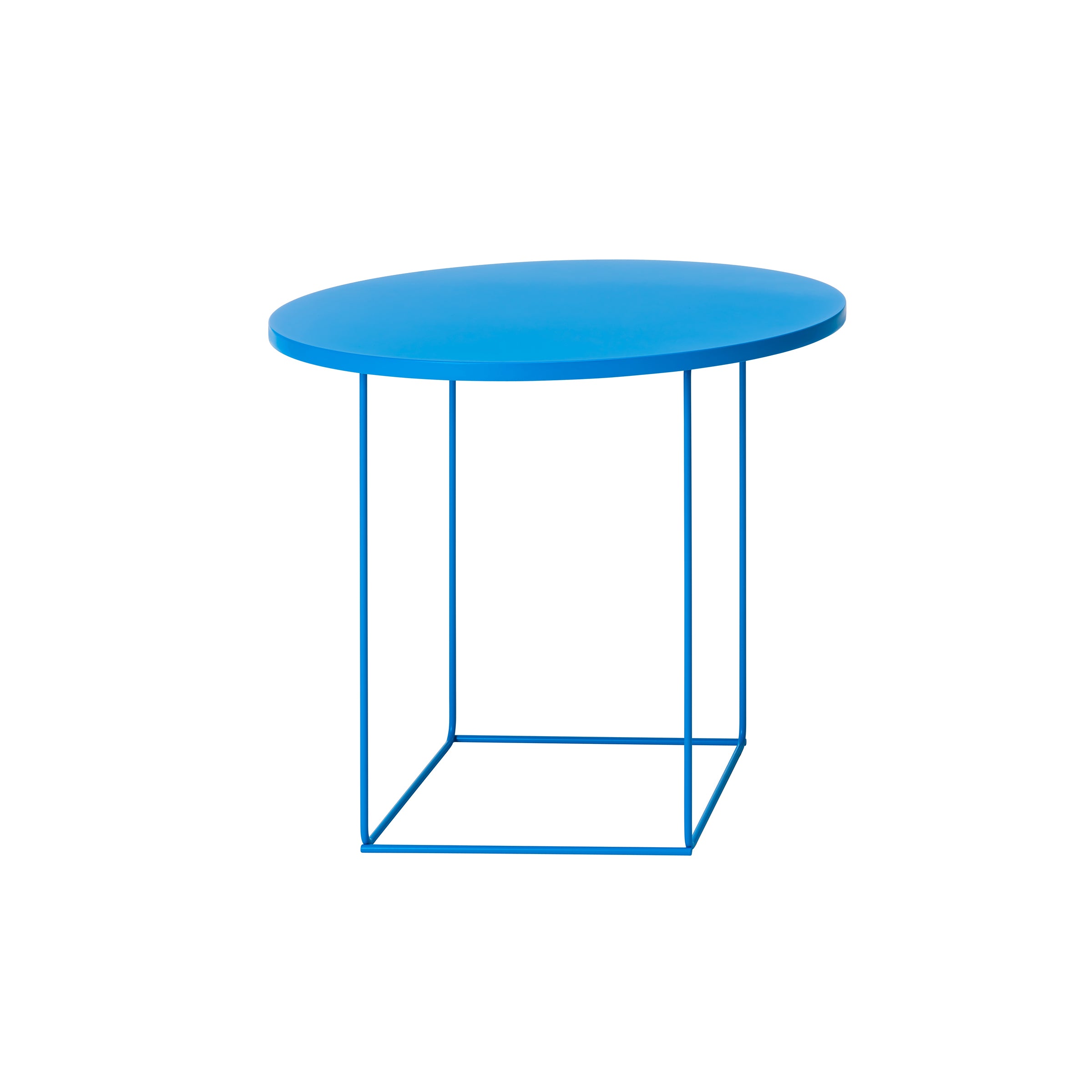 The DL3 Umbra Table Round by Loehr is a modern, bright blue coffee table with a thin tabletop and minimalist TANGRAM frame set against a white background.