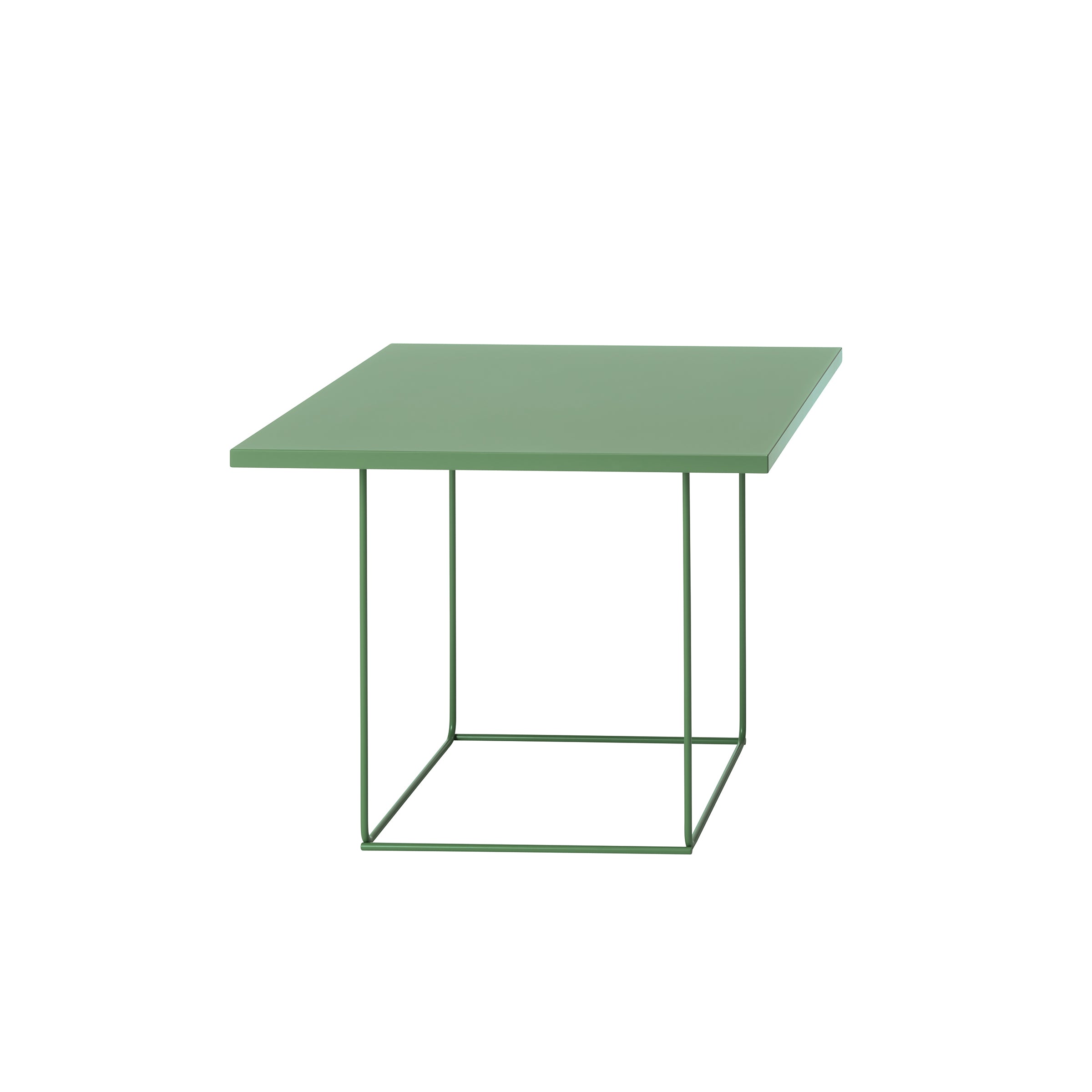 The DL3 Umbra Table Square by Loehr features a cube-like design with a square, thin green tabletop and minimalist TANGRAM frame, both in the same vibrant green shade, offering modern simplicity.