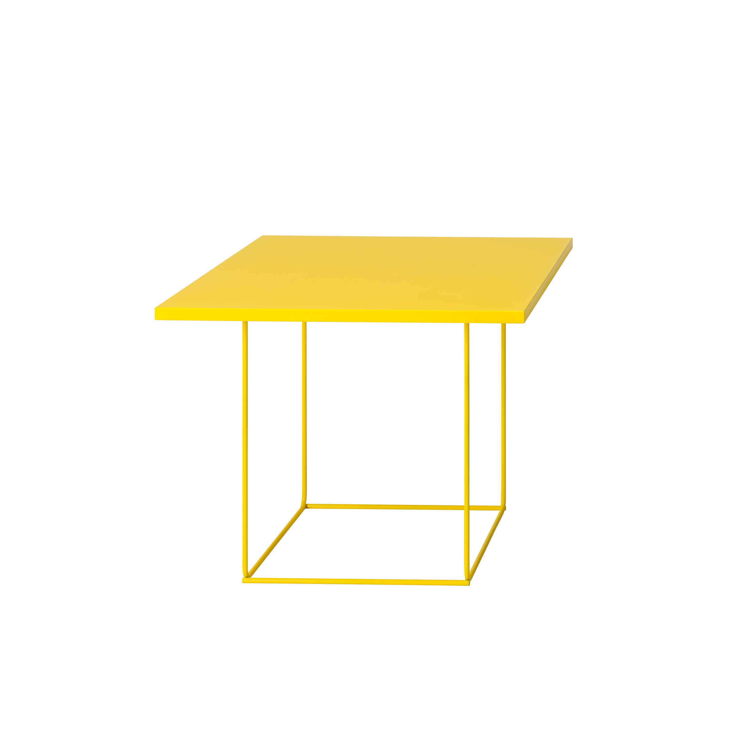 The DL3 Umbra Table Square by Loehr features a modern, minimalist design with a striking yellow square tabletop and sleek thin metal frame, akin to a TANGRAM frame.