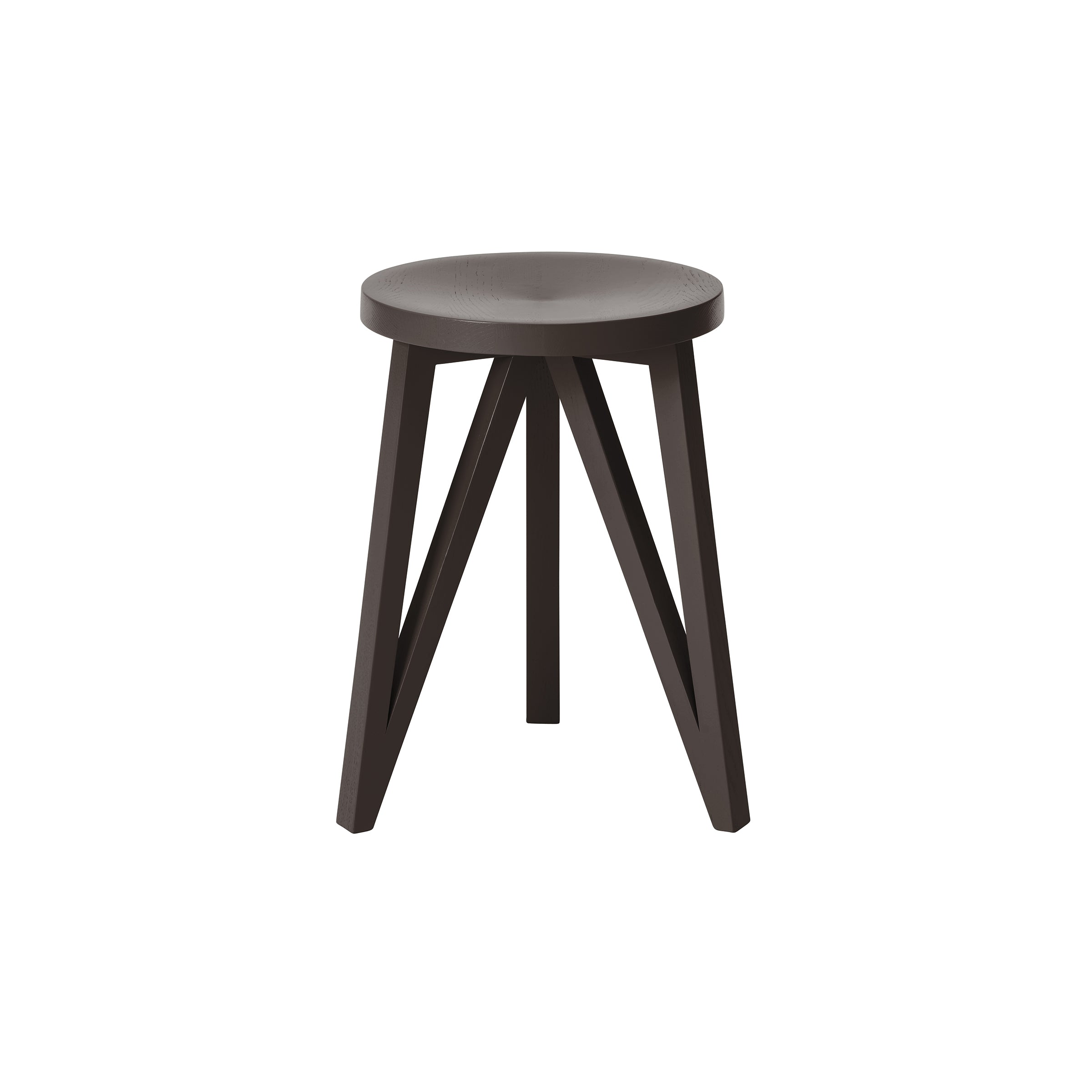 The JL1 Faber Stool by Loehr features a dark brown wooden round seat with three angled legs, embodying a sleek tripod design influenced by northern European aesthetics.