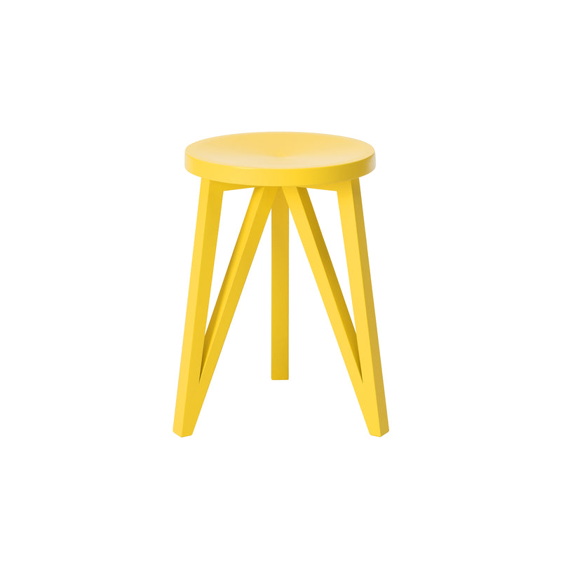Part of the FABER collection by Loehr, the bright yellow JL1 Faber Stool boasts a round wooden seat with three angled legs, embodying northern European design and solid oak craftsmanship. It stands out against a plain white background.