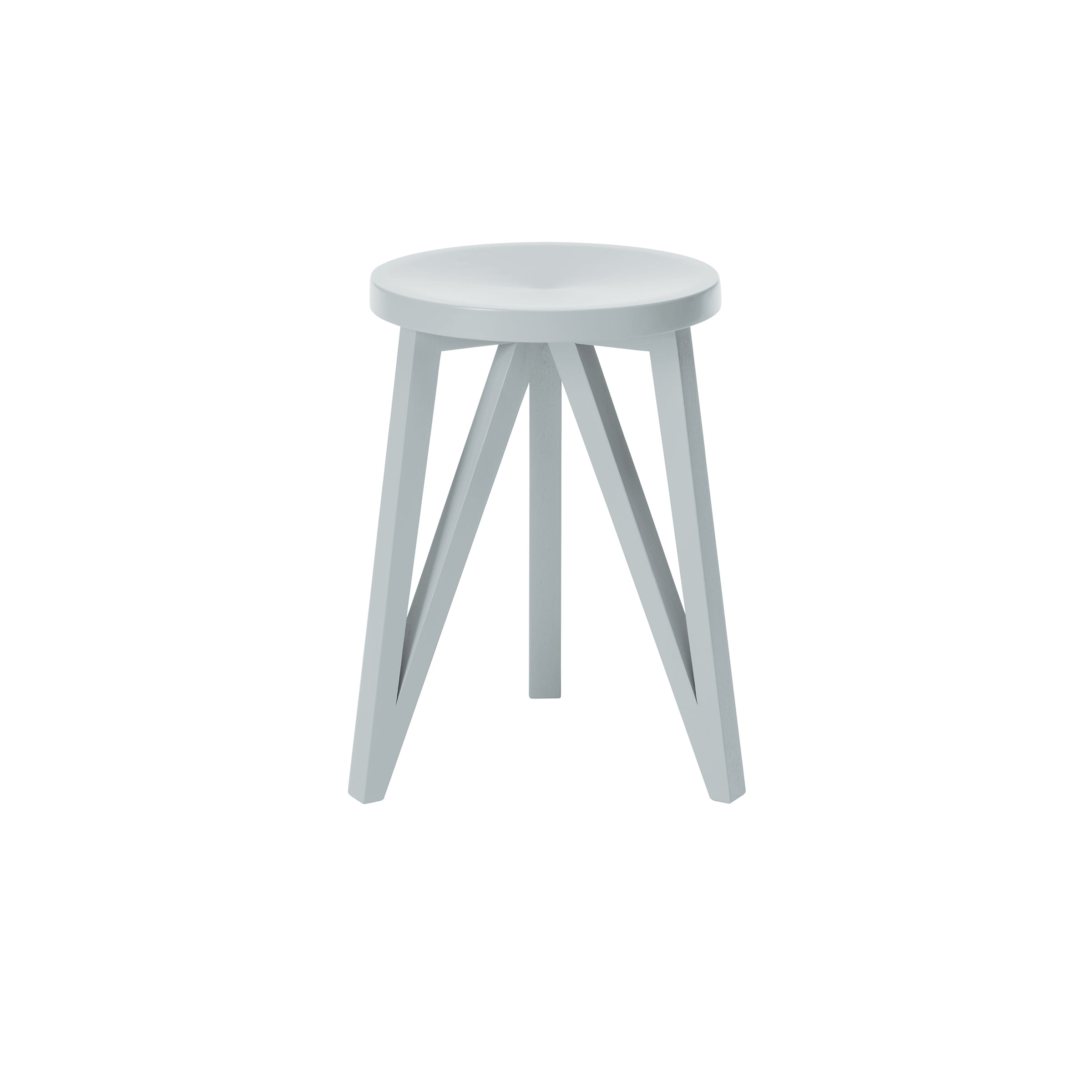 The JL1 Faber Stool by Loehr is a minimalist design with a light gray, round seat and four angled solid oak legs joined by cross supports. Its modern northern European aesthetic is highlighted against a plain white background.
