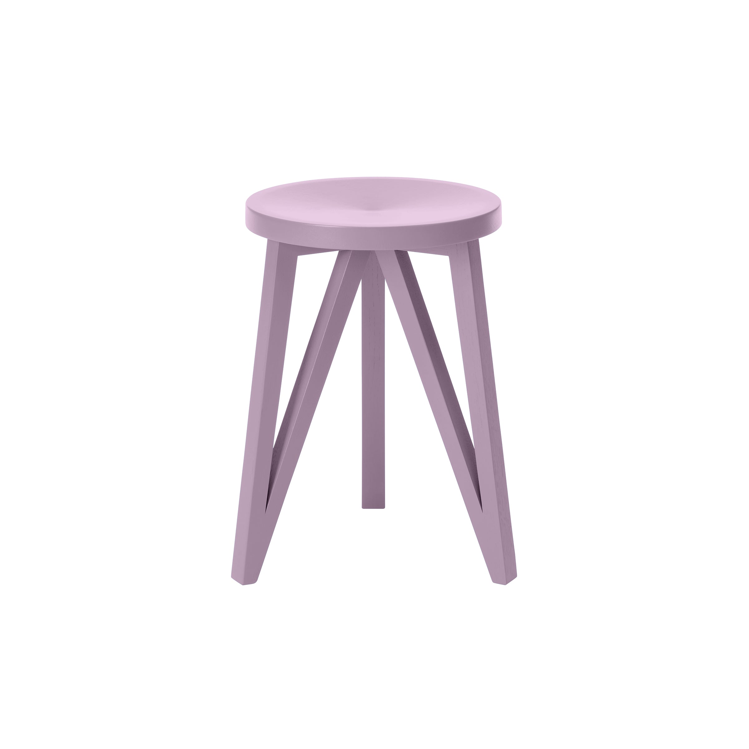 The JL1 Faber Stool by Loehr, known for northern European design, features a pink wooden round seat with reinforced four legs and angled braces for stability. Part of the FABER collection, it is elegantly showcased against a plain white background.
