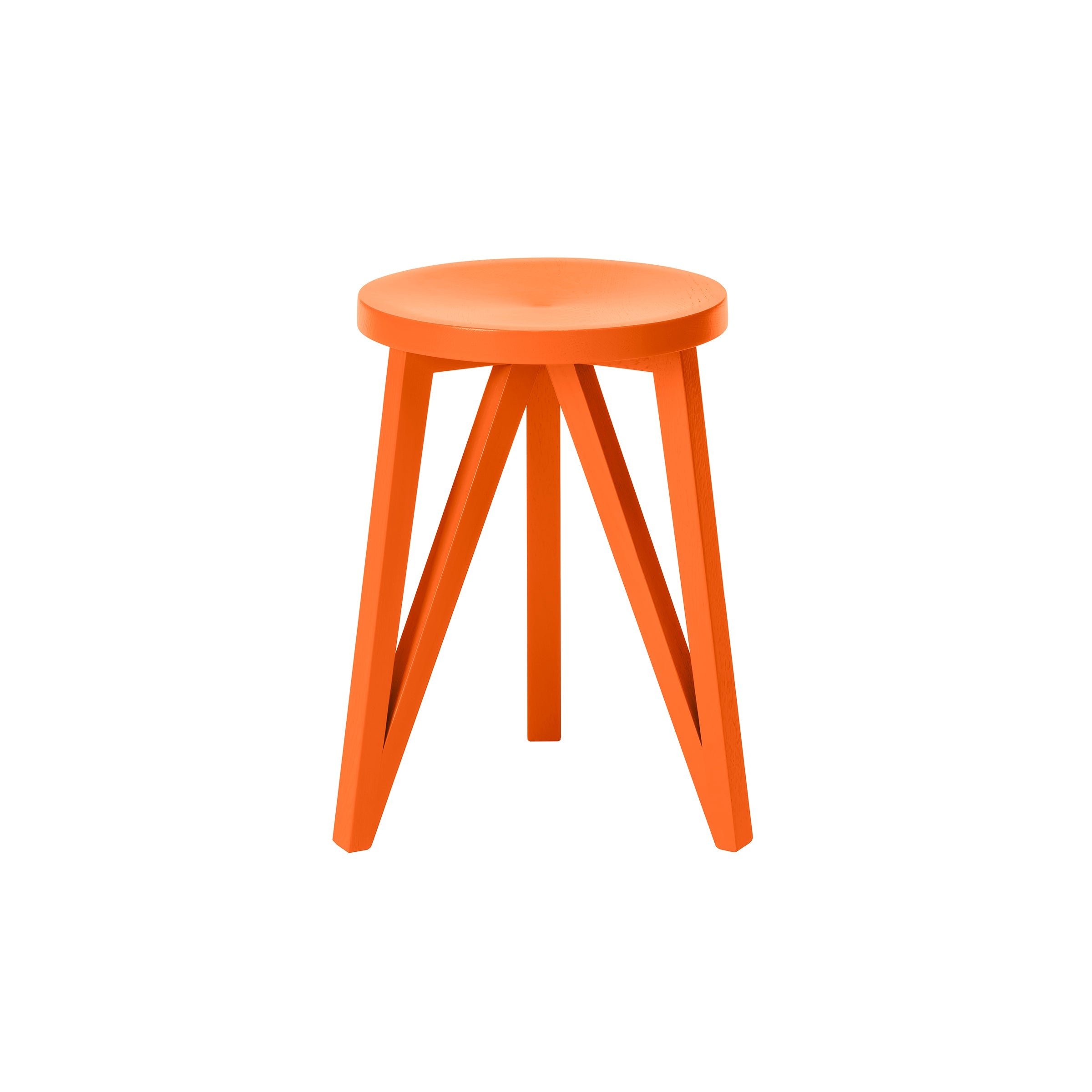 The JL1 Faber Stool - SALE by Loehr is a modern, bright orange wooden piece from the FABER collection. It has a round seat with three triangular legs in a tripod style, highlighting solid oak craftsmanship against a plain white background.