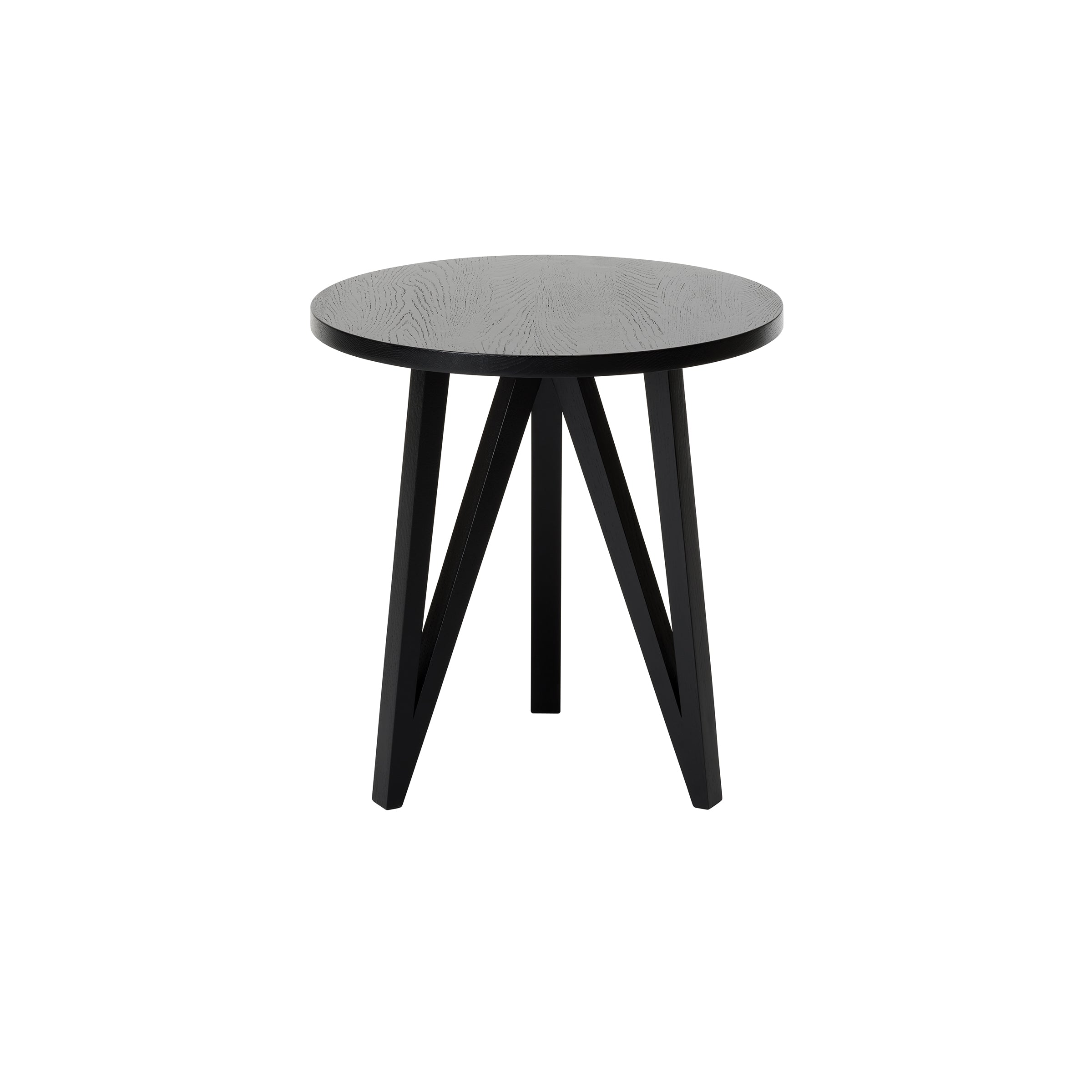 The JL2 Faber Side Table by Loehr features a round black top with smooth oak construction and three intersecting legs. Its unique design echoes northern European architectural elegance, presented without the floor visible in the image.
