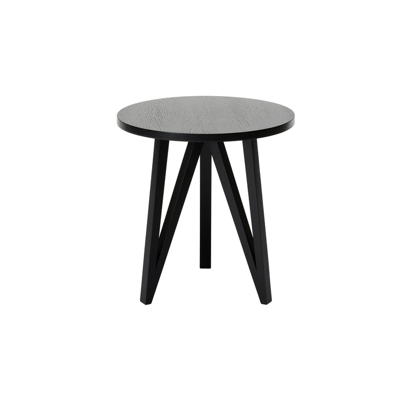 The JL2 Faber Side Table by Loehr features a round black top with smooth oak construction and three intersecting legs. Its unique design echoes northern European architectural elegance, presented without the floor visible in the image.