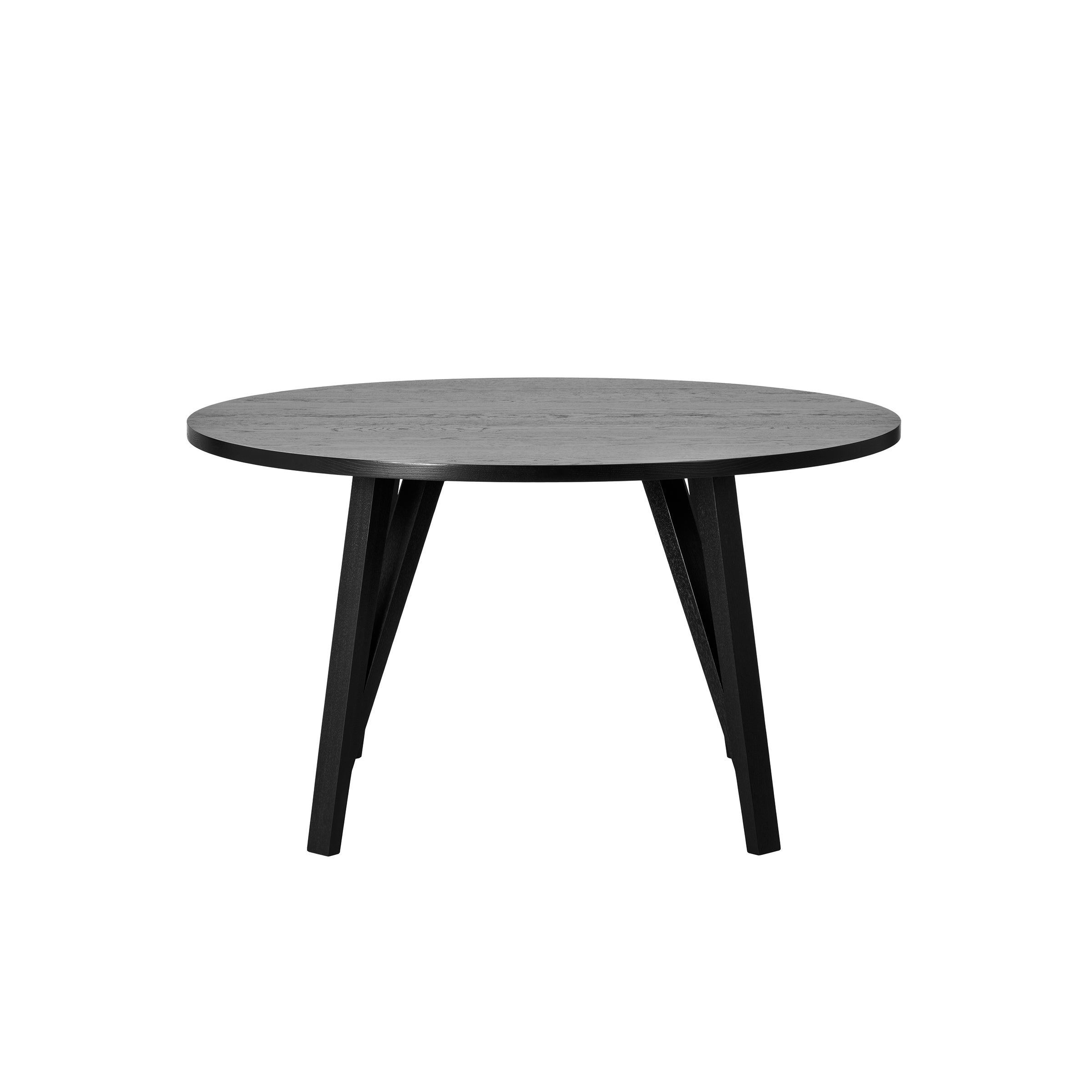 The JL6 Sabeth Table Round by Loehr is a modern minimalist coffee table with a smooth dark gray surface. Crafted from solid oak, it boasts four sleek, outward-angled black legs for a contemporary touch against a plain white background, emphasizing its exquisite craftsmanship.