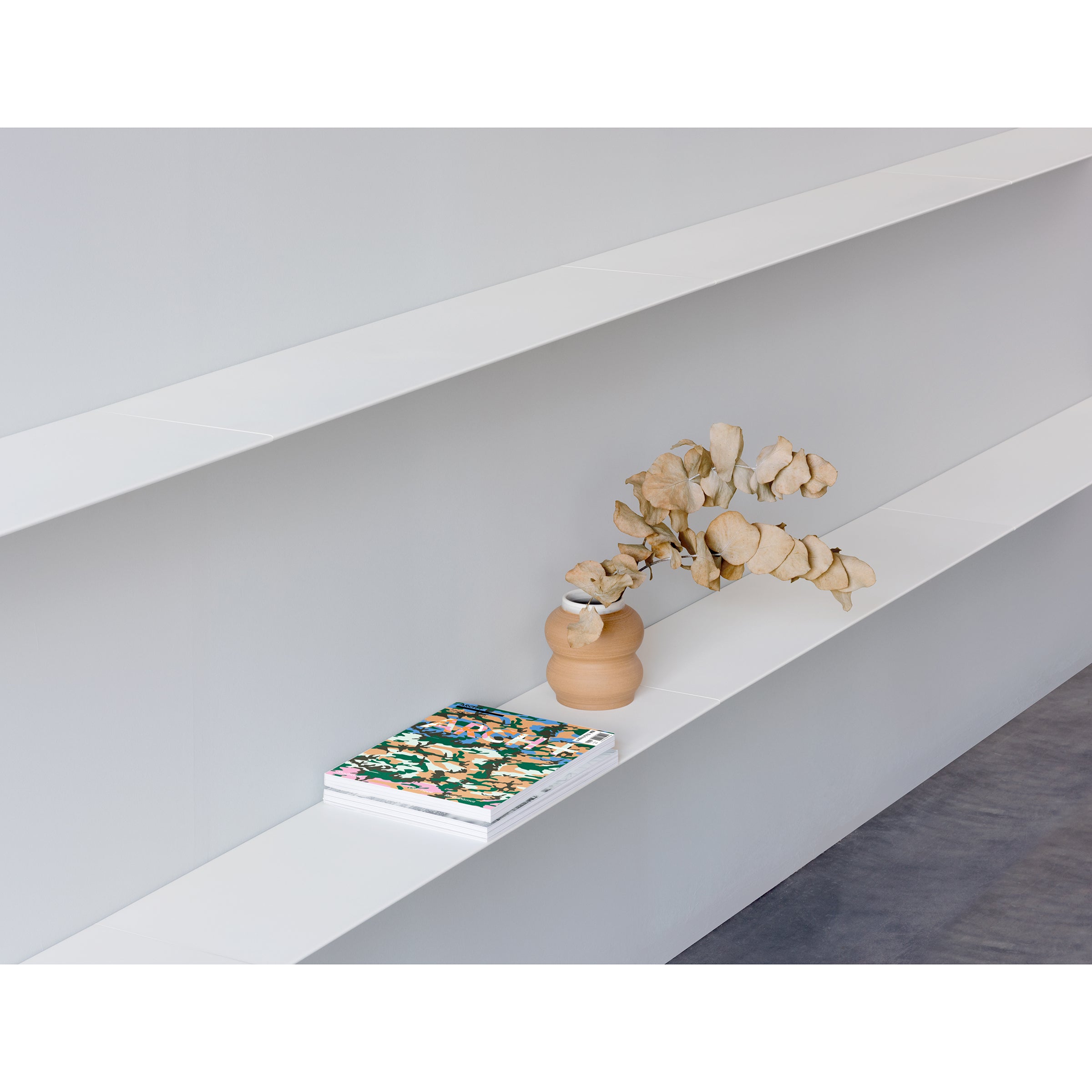 The L1 Newton Shelf by Loehr, epitome of minimalist design, features a tan vase with dried leaves and two vibrant magazines. Made from sheet steel, it stands elegantly against a plain light wall and dark floor.