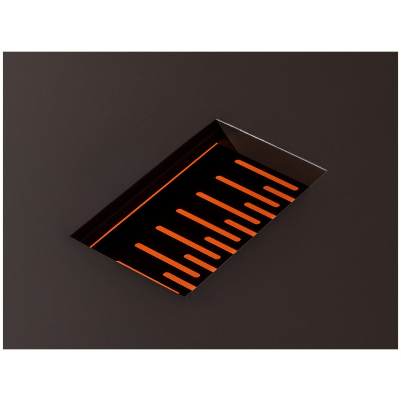 A black rectangular speaker seamlessly embedded in the Loehr L2 Eno Worktable showcases vertical orange bars of varying lengths, resembling a graphic equalizer, adding style and functionality to this modern hybrid workstation.