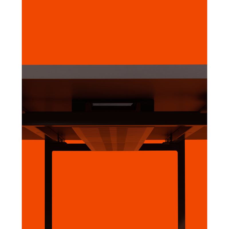 A minimalist, abstract image showcases the sleek L2 Eno Worktable by Loehr from below against a vibrant orange background. The tables black frame and visible underside with strong geometric lines offer a modern aesthetic ideal for any hybrid workspace.