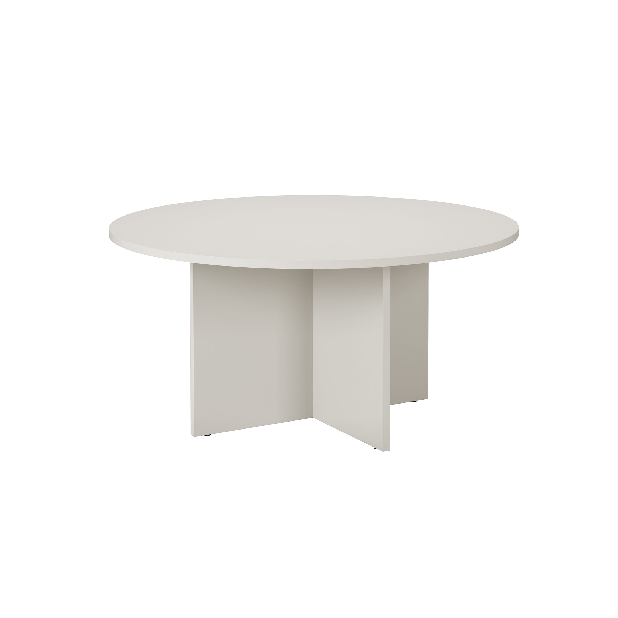 The L4 BASIL TABLE by Loehr is a modern, round table with a cross-shaped base and sculptural appearance. Set against a plain white background, it features sleek lines and minimalist design crafted from coated fiberboard.