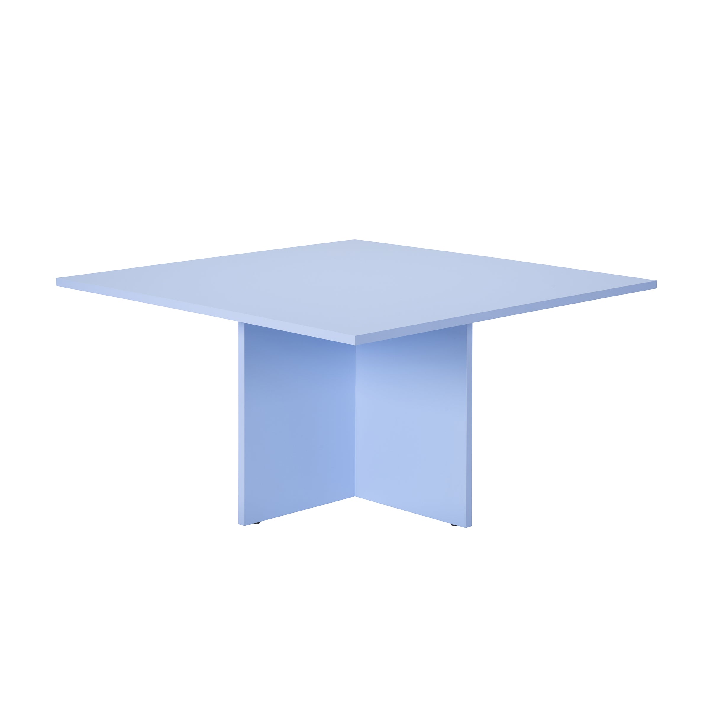 The L4 BASIL TABLE by Loehr is a light blue minimalist masterpiece. It features a sculptural design with a flat top and intersecting panel legs, crafted from coated fiberboard for elegance and durability.