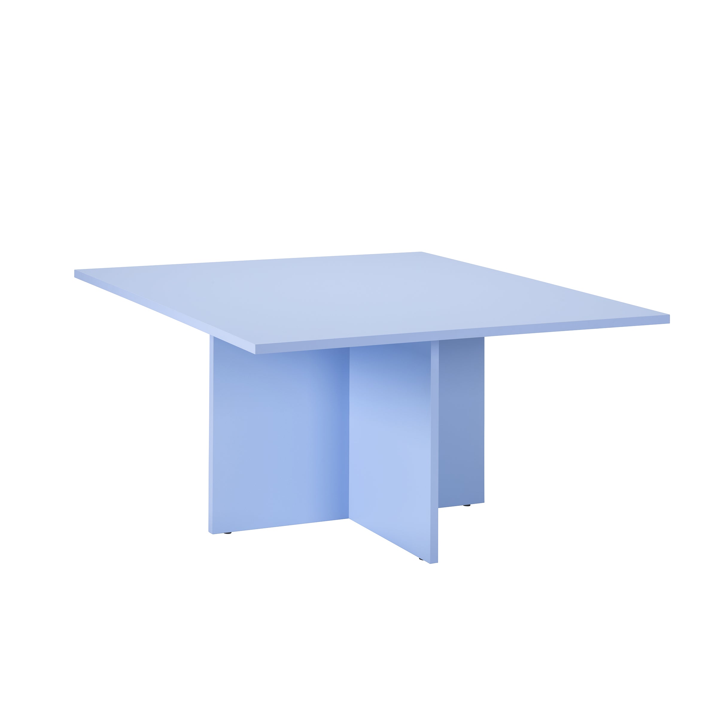The L4 BASIL TABLE by Loehr showcases a sculptural modern design with its light blue, square fiberboard top and unique cross-shaped base. Clean lines and a smooth surface enhance this minimalist piece, set against a plain white background.