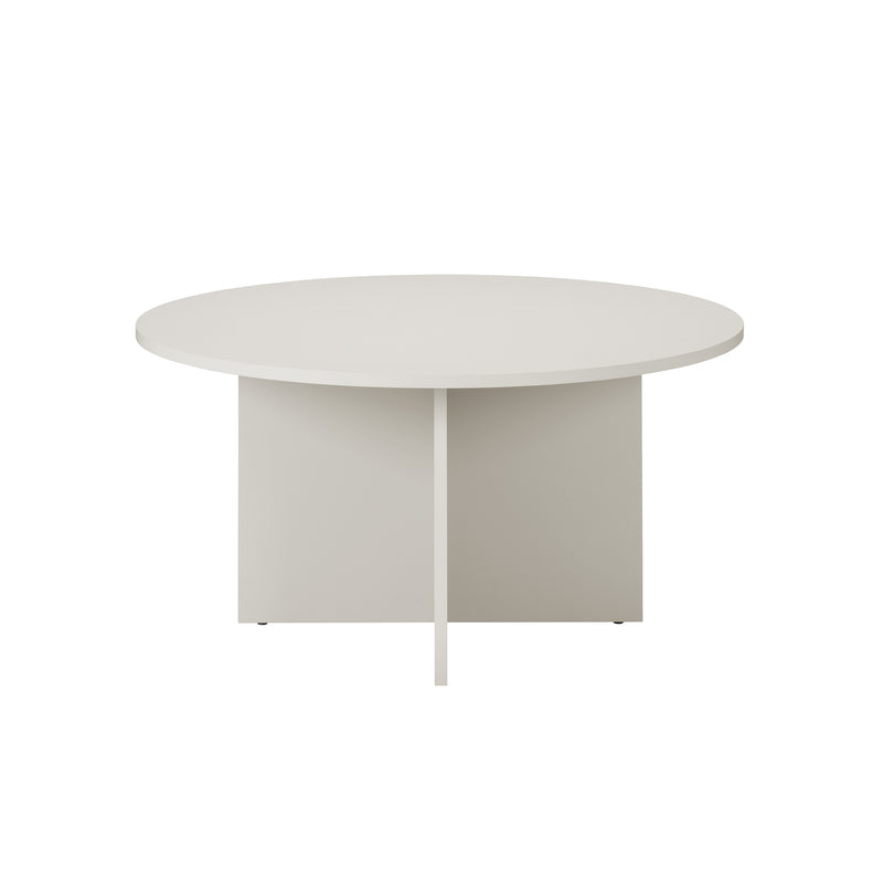 Introducing the L4 BASIL TABLE by Loehr: a minimalist, round white coffee table featuring a flat top and a geometric base with two intersecting coated fiberboard panels for sturdy support and a sculptural appearance.
